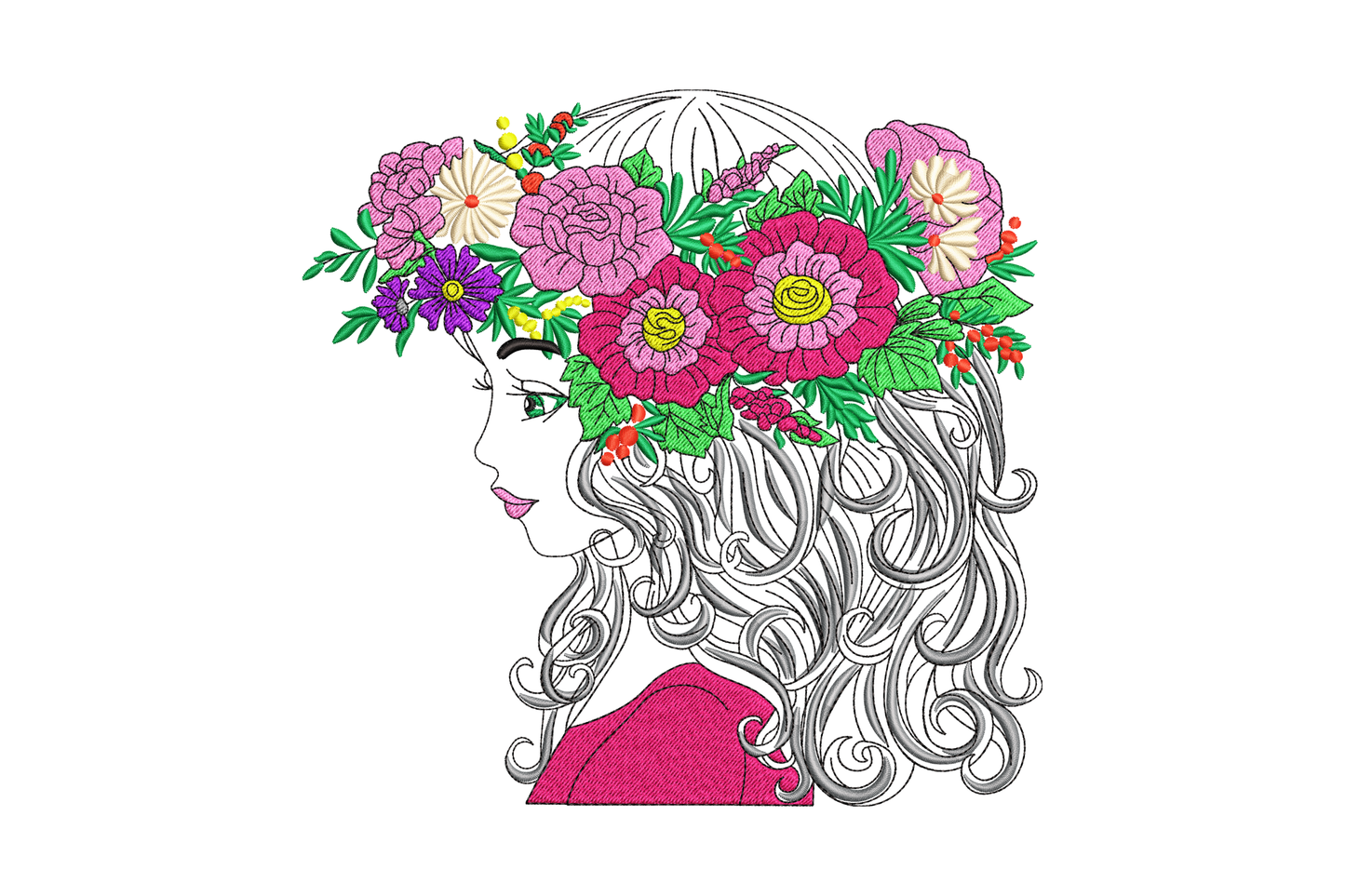 Floral girl silhouette embroidery design in 10 colors with pink peonies crown and grey curly hair portrait