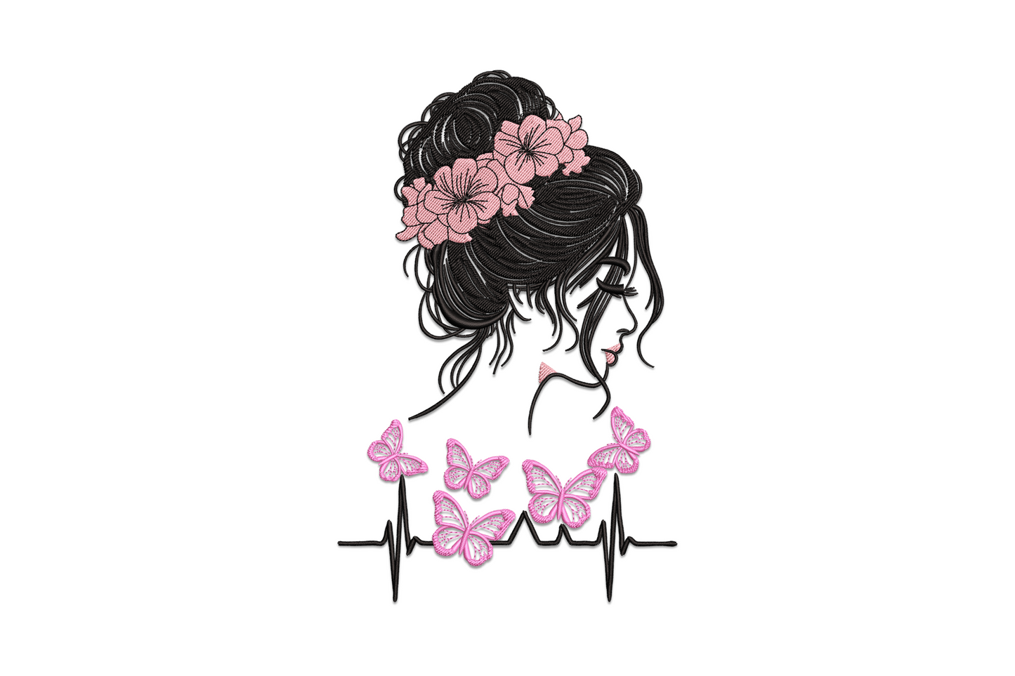 Feminine floral girl silhouette with butterflies and EKG line, 3-colour machine embroidery, 5 sizes 2.2 to 4.8 inches wide