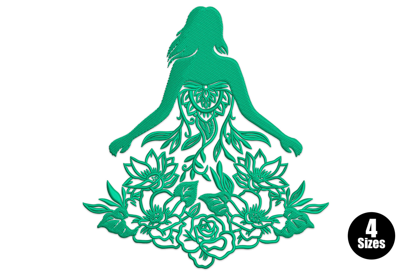 Floral goddess silhouette embroidery design, seated woman figure with botanical rose spray base in teal green