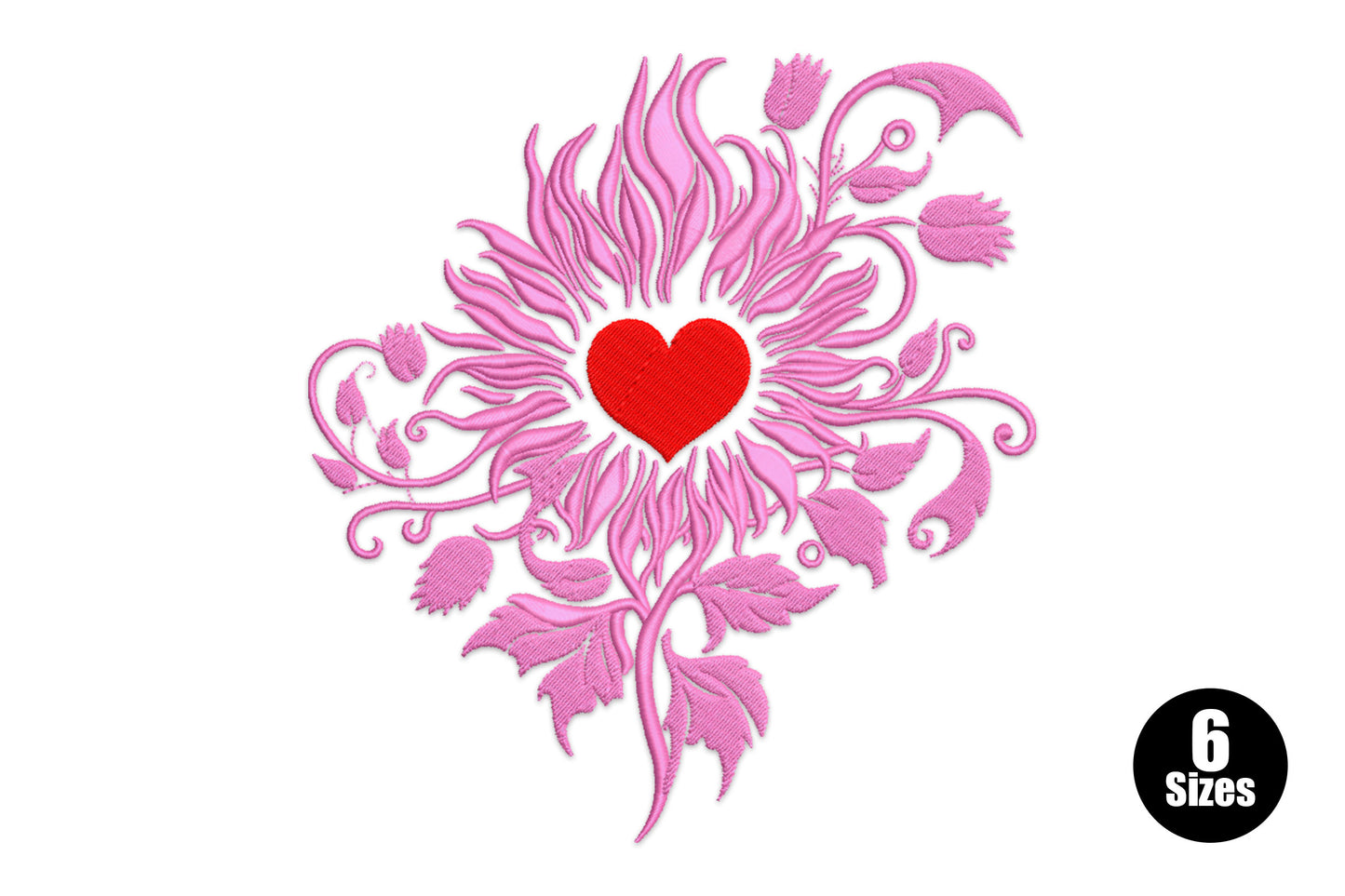 Floral heart embroidery design with a bold red heart centre surrounded by sweeping hot pink ornate floral fronds, tulip buds and scroll tendrils.