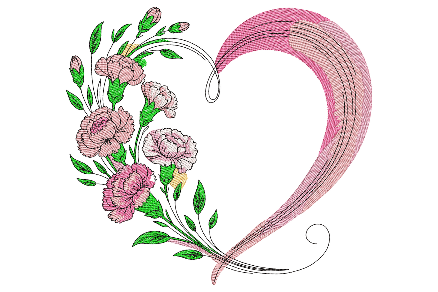 Floral heart frame with pink carnations on left half and a brushy pink calligraphy swoop forming the right half curve.