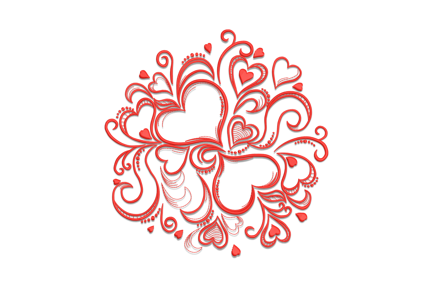 Floral heart swirl embroidery design in red thread showing an ornate circular medallion of scrolling vines and heart accents.