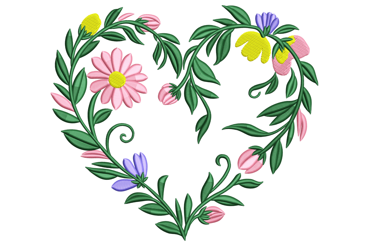 Floral heart wreath machine embroidery design, four colours, botanical flowers and leaves arranged in heart outline, dusty pink and ivory blooms, 3.5 to 7.5 inch sizes.