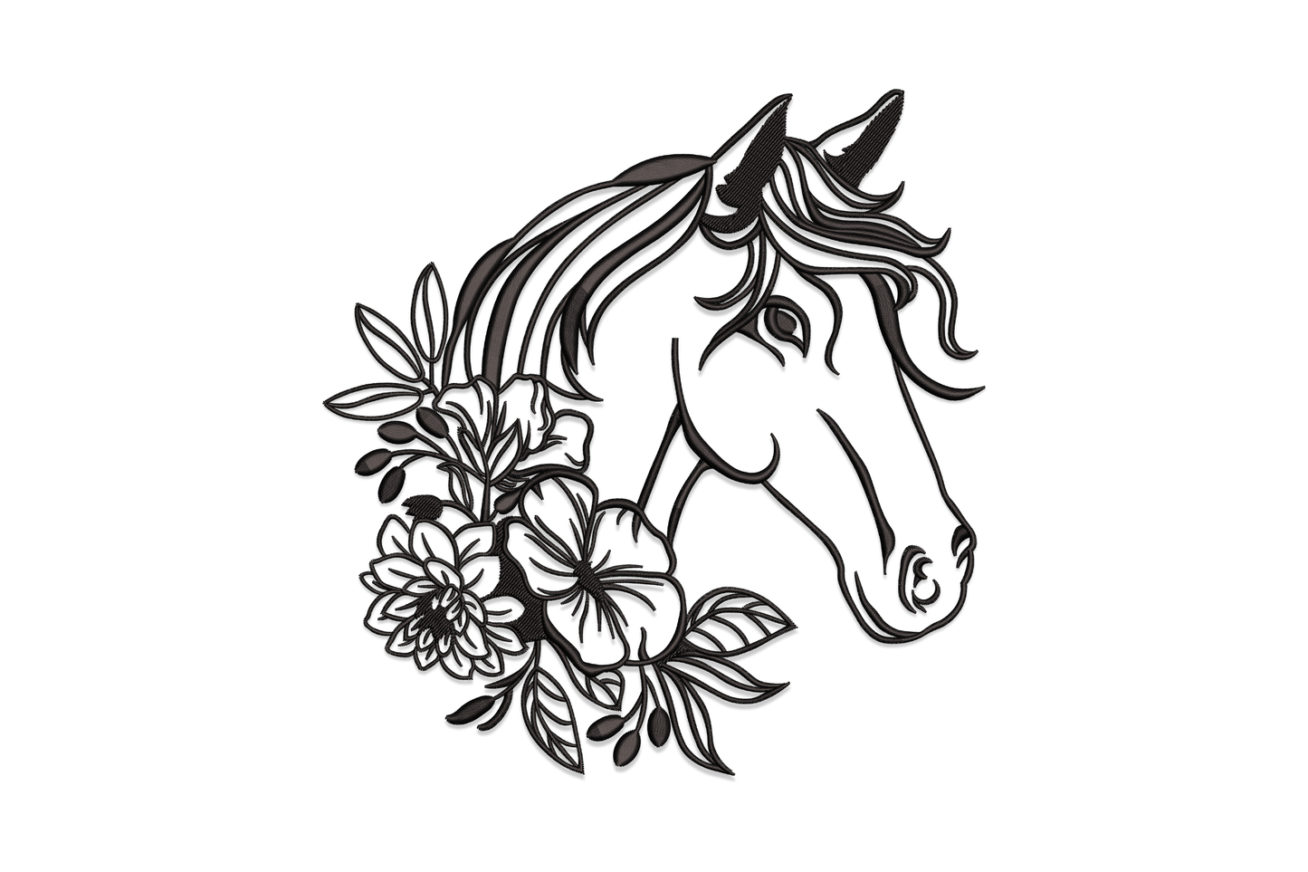 Floral horse head embroidery in fine black line art with botanical flowers, hibiscus blooms and flowing mane, single thread.