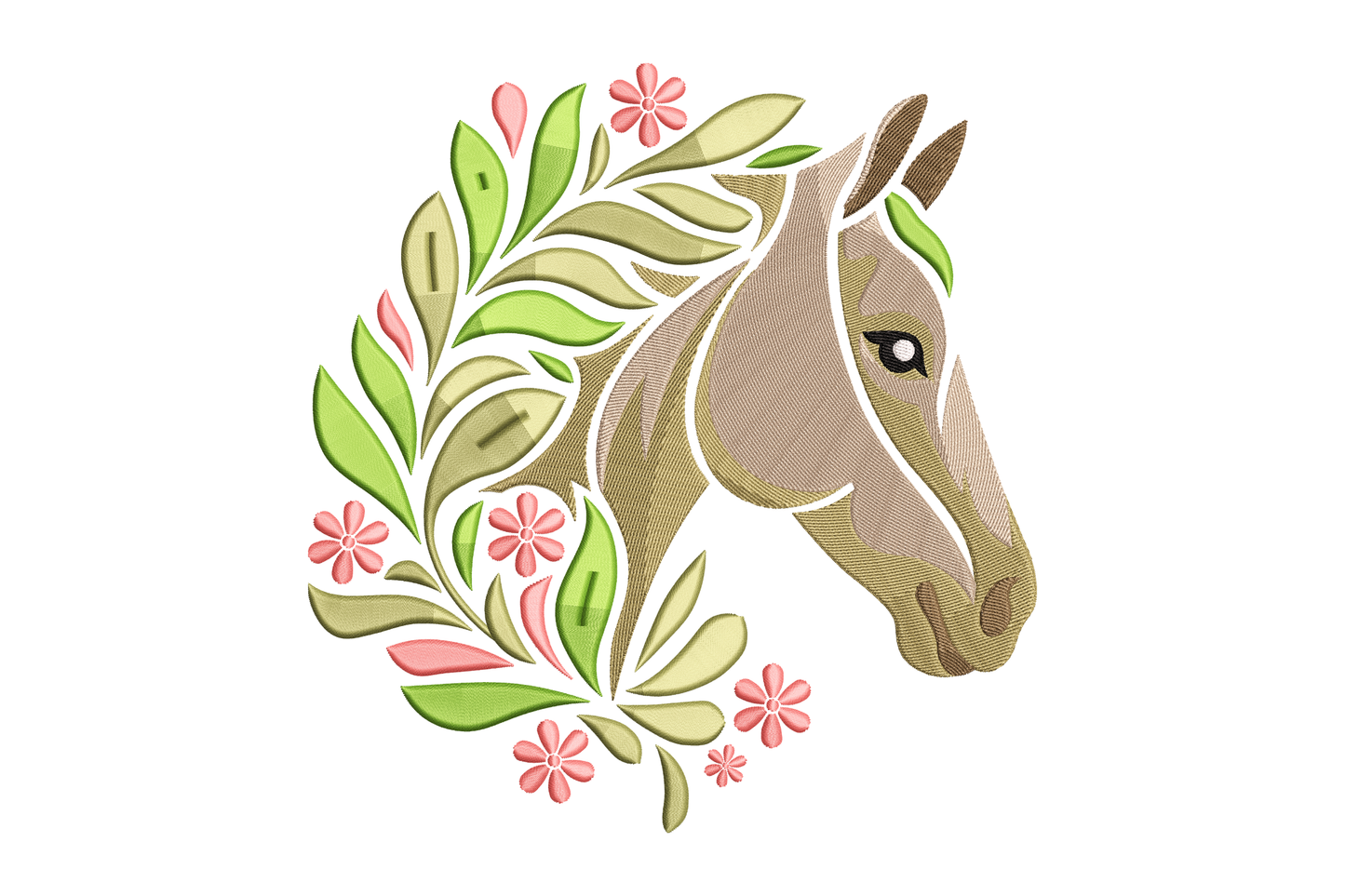 Illustration of a horse's head surrounded by floral elements on a white background