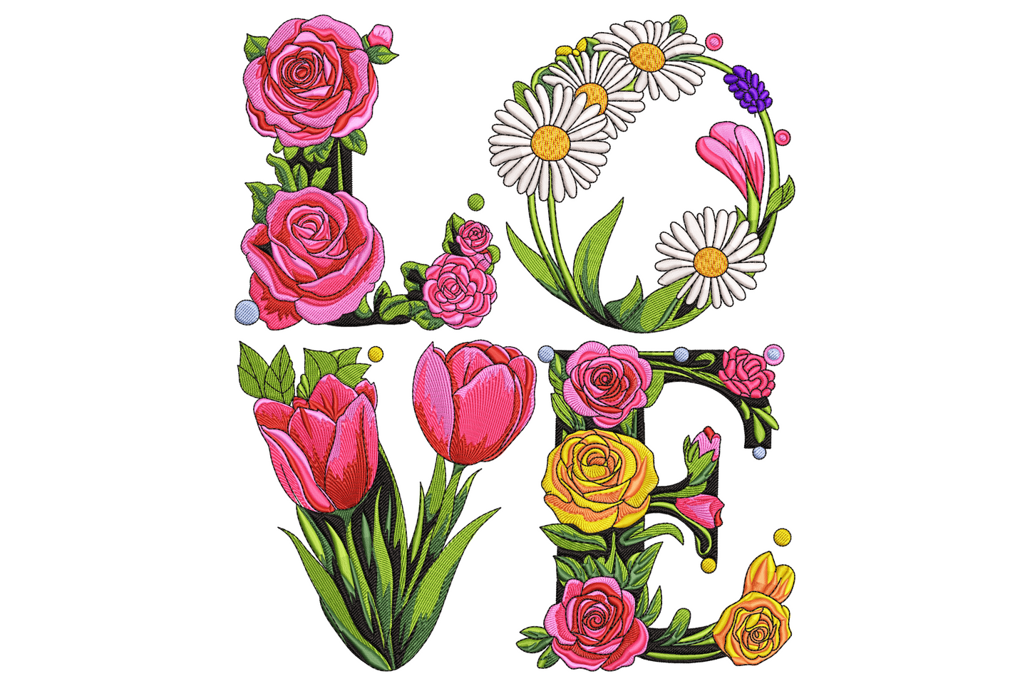 Floral LOVE letters embroidery design with roses, peonies and sage greenery filling each tall block letter shape.