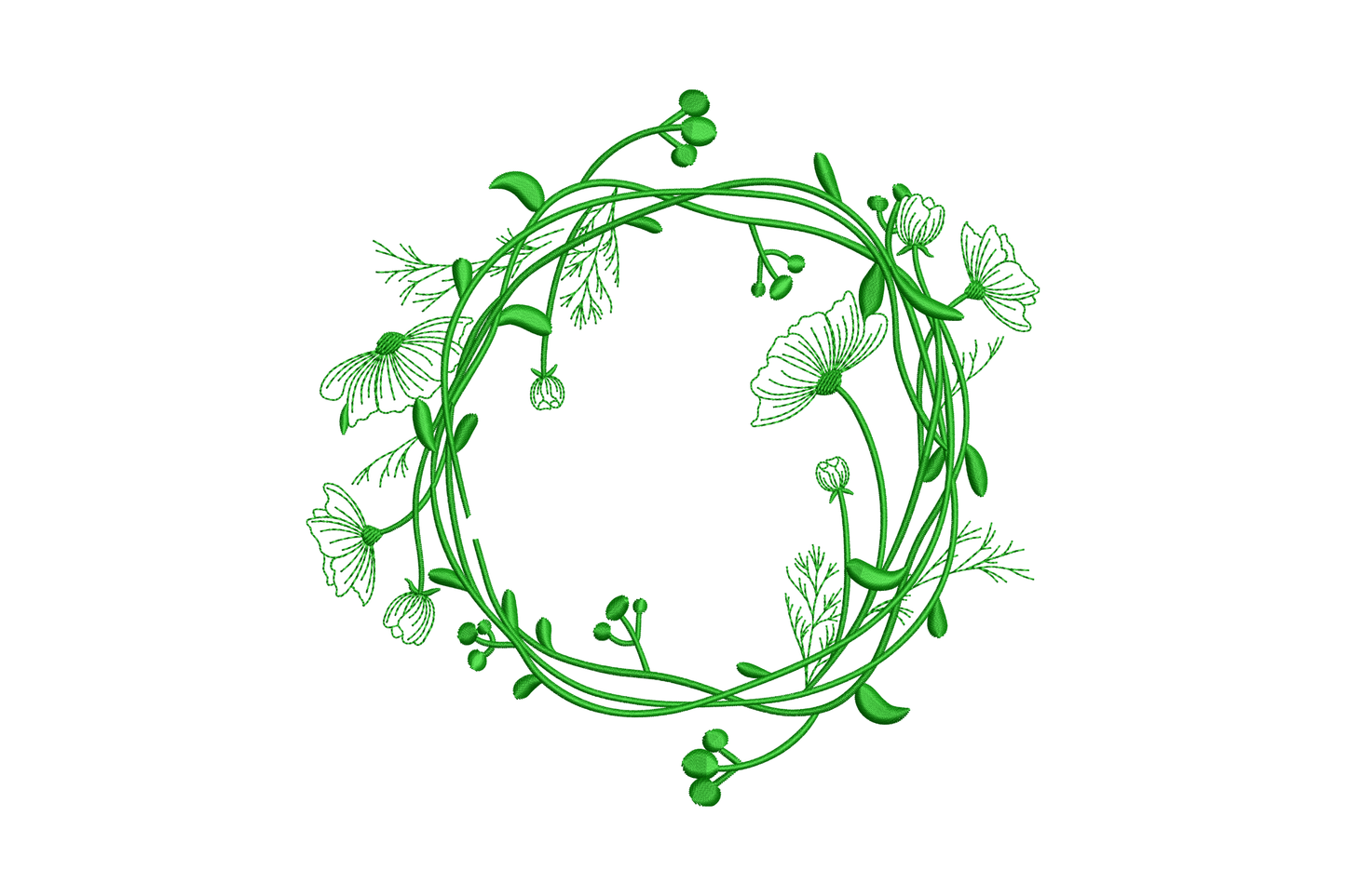 Floral leaf wreath embroidery design with wild botanical vines, daisy flowers, berry clusters and butterflies in a dark green circular ring, 4 to 8 inch.