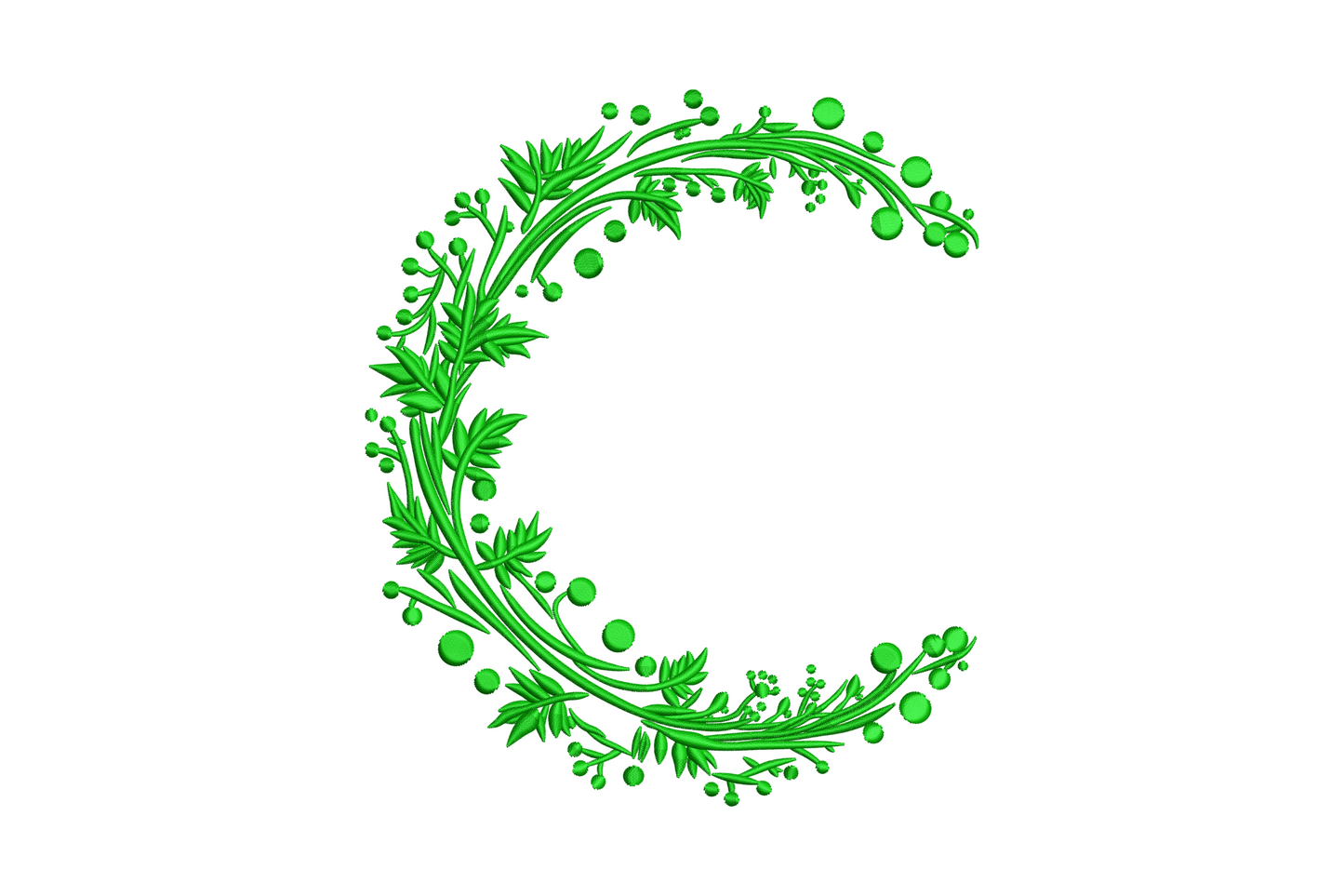 Floral letter C embroidery design made from layered fern leaves, berries and botanical stems in dark green