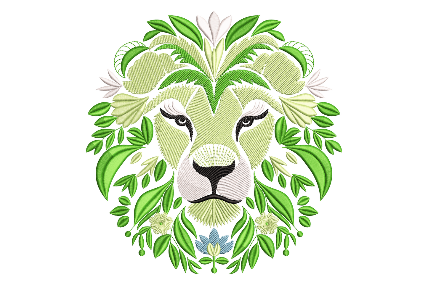 Floral lion head embroidery, green leaf mane, realistic cream shaded face, black eyes and nose, small blue flowers at the base.