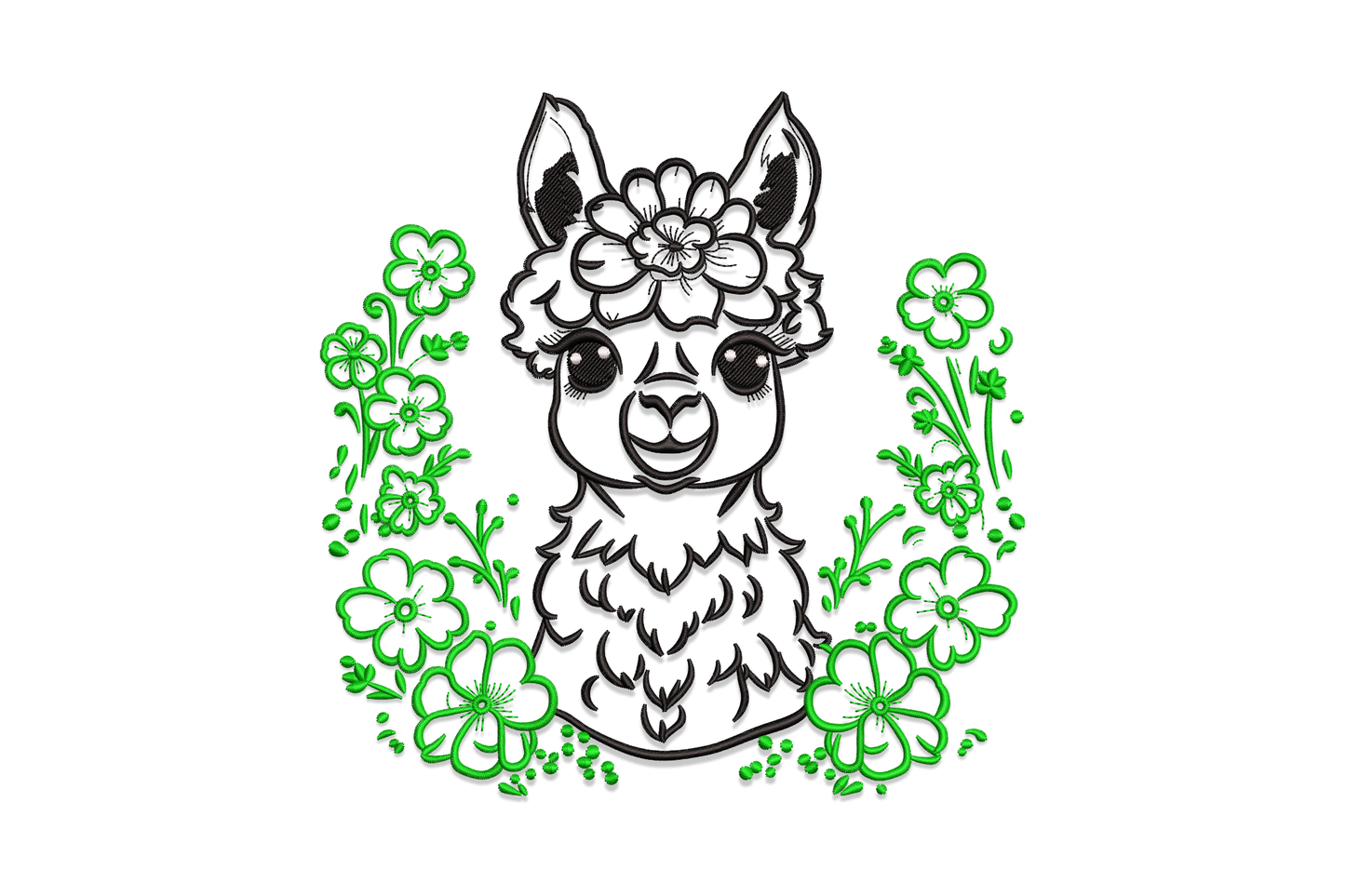 Floral llama embroidery design featuring a close llama face portrait with flower crown surrounded by a dense dark green botanical wreath.