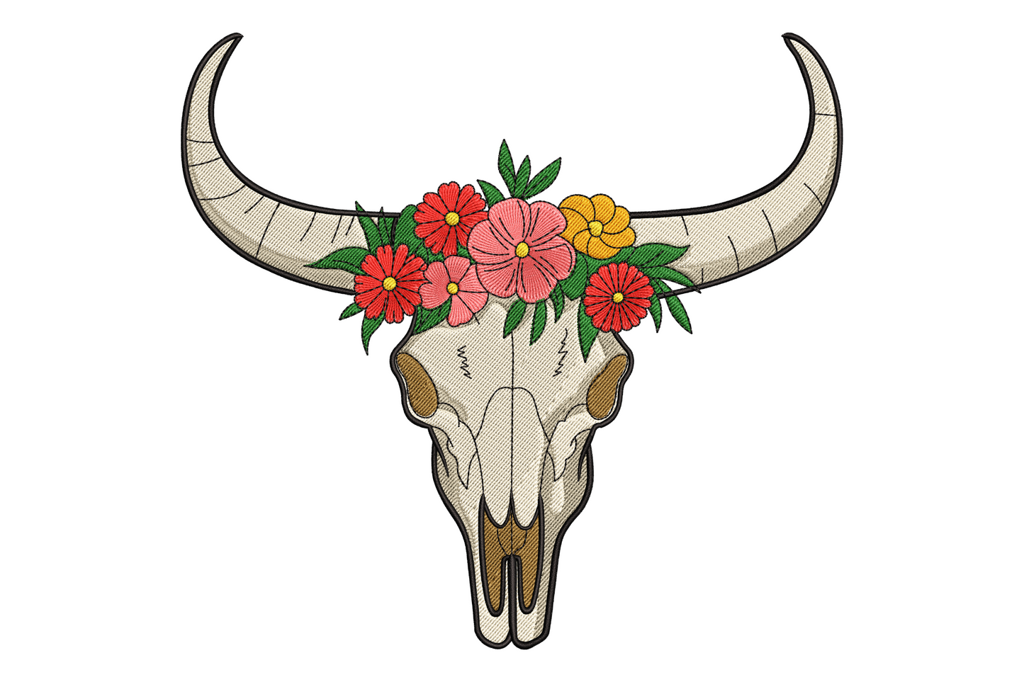 Floral longhorn skull embroidery facing forward with red, pink and orange flower crown, pale skull, wide sweeping horns.