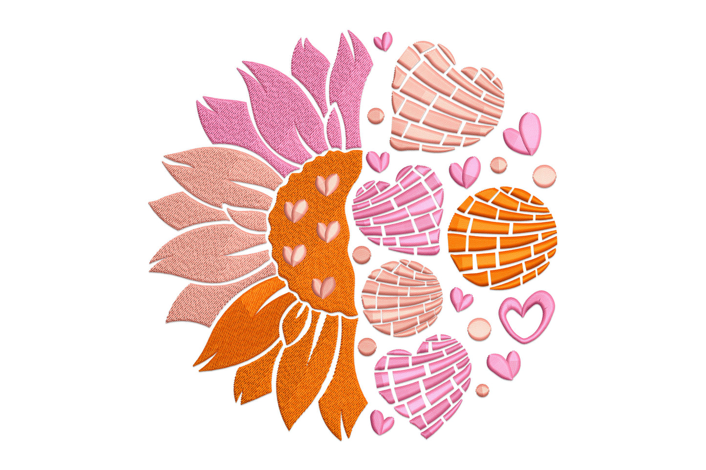 Floral love embroidery with half sunflower in burnt orange and scattered hearts in hot pink and salmon on cream linen.