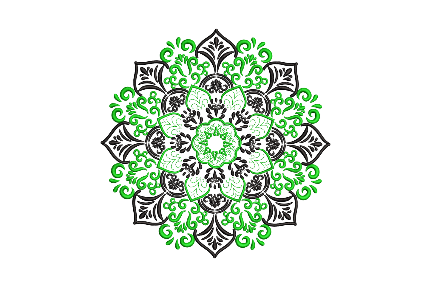 Floral mandala machine embroidery design in bright green and black, dense botanical leaf and petal layers on white background