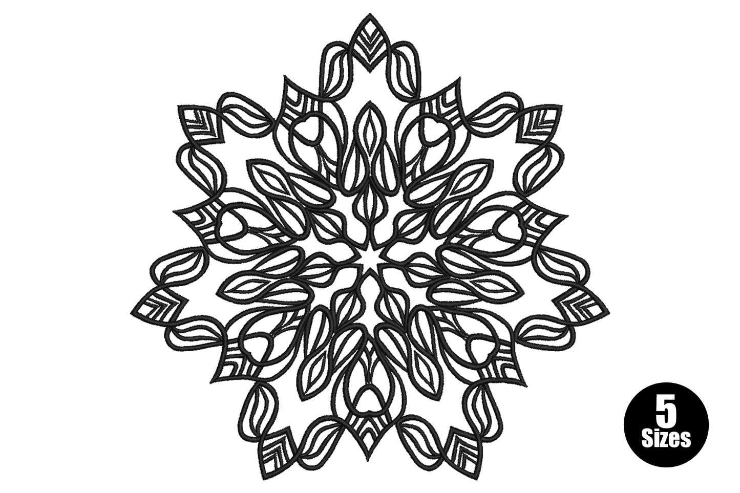 Floral mandala line art embroidery design in black with tulip-bud inner ring, almond leaf forms and arrow-tip points with hatching at the outer edge.