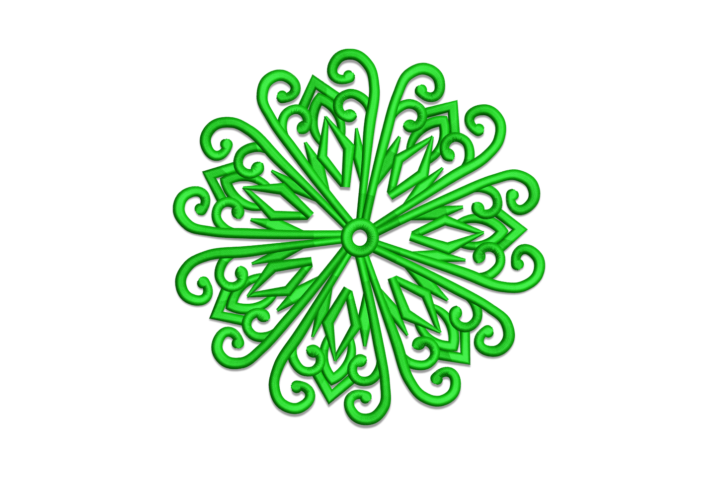 Floral mandala swirl machine embroidery design in dark green showing a circular baroque scroll medallion with curling arm tips and dense satin fill