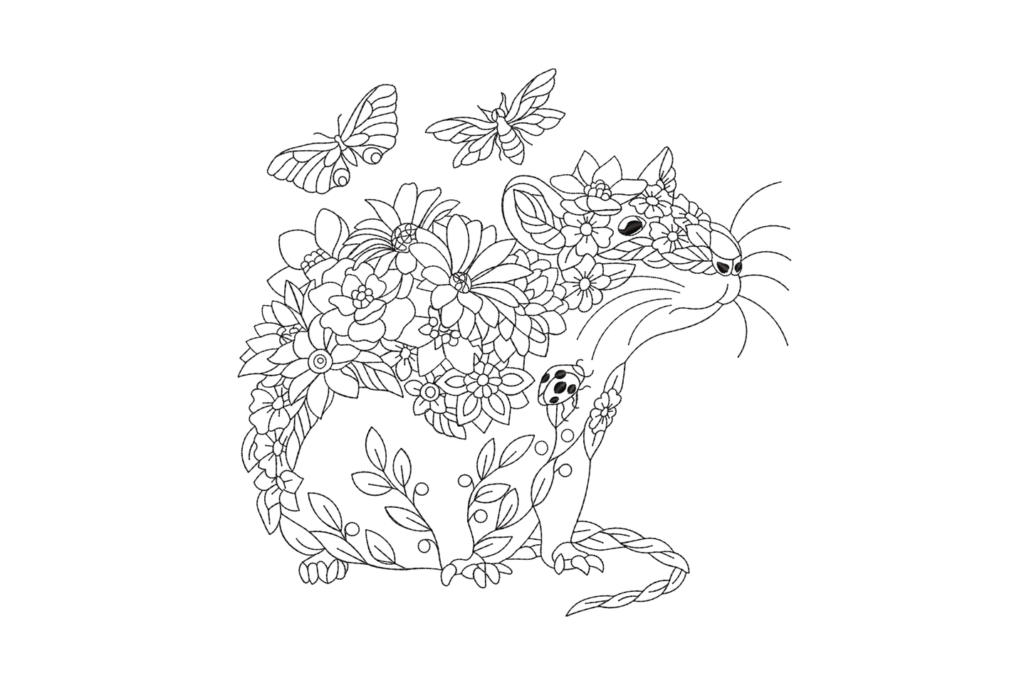 Floral mouse outline embroidery in black single-color running stitch with butterflies and botanical flowers
