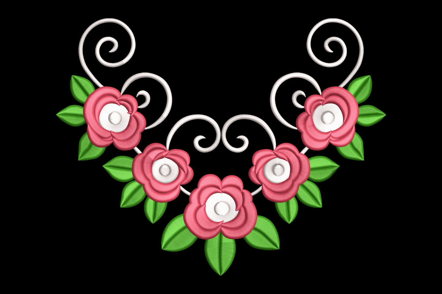 Decorative floral necklace design with pink flowers and green leaves on a black background