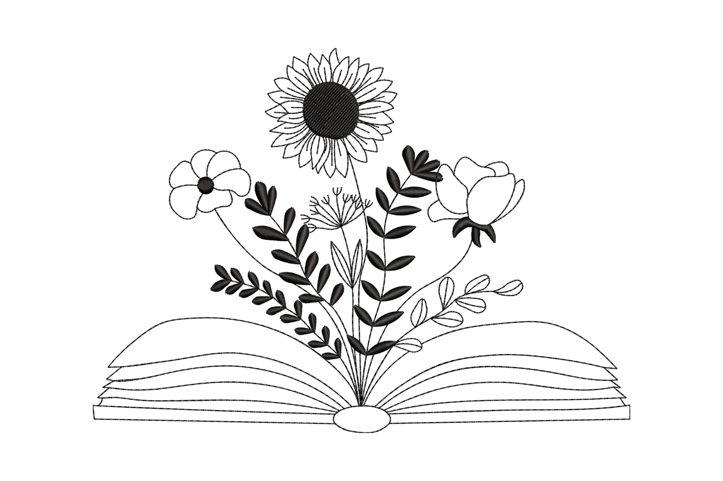 Open book with sunflower and wildflower botanical arrangement, single colour machine embroidery design, 5 sizes