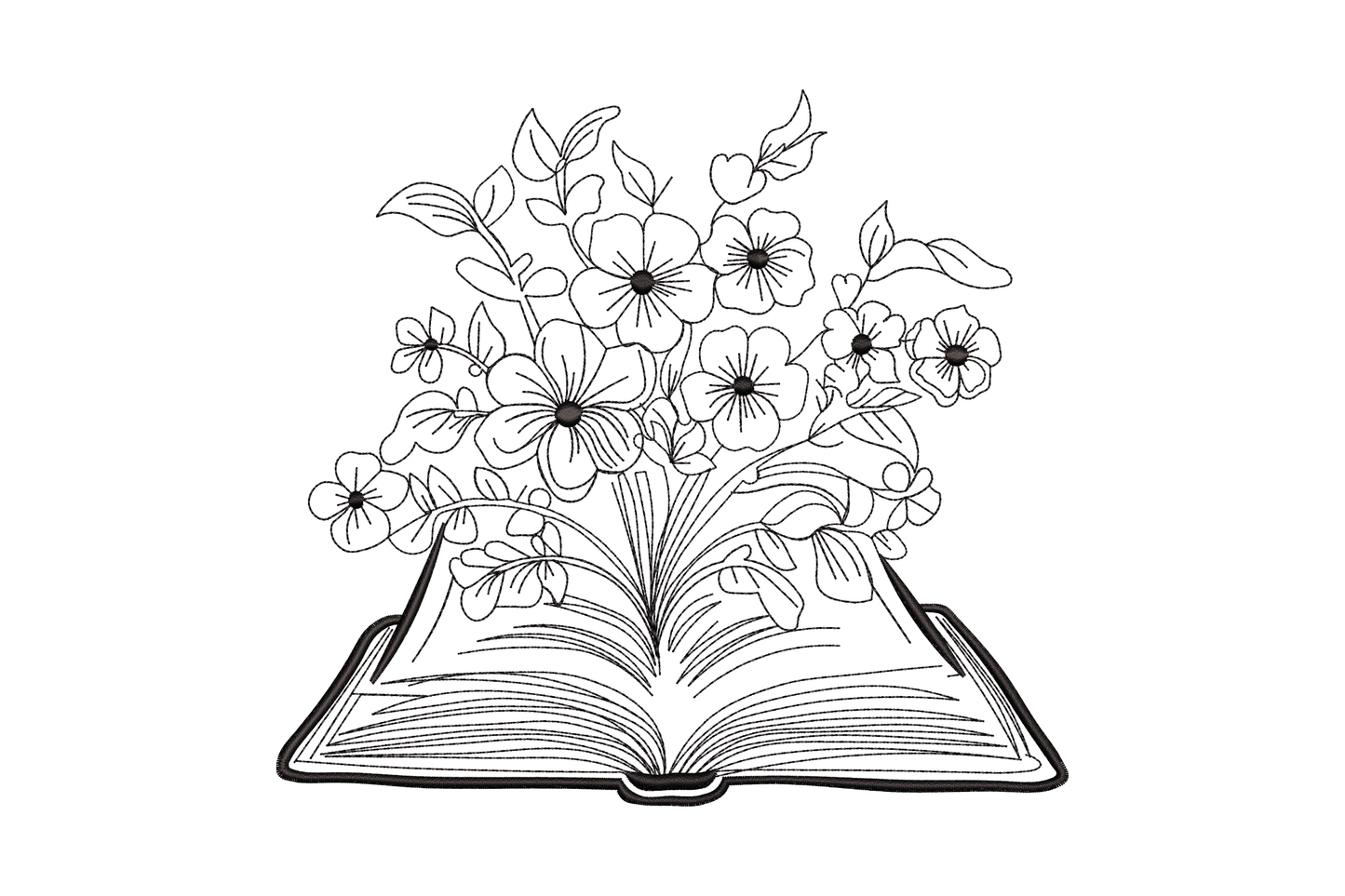 Floral open book line art embroidery in single colour black, fine contour outline of open book with pansy and wildflower spray rising from spine, no fill.
