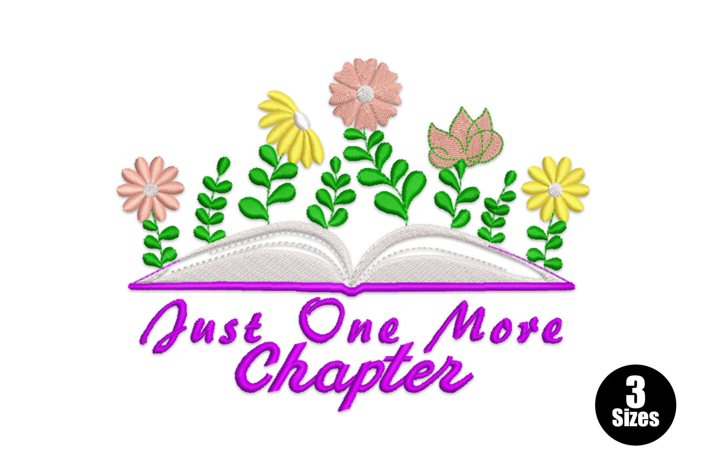 Open book embroidery with yellow and pink flowers growing from the pages and Just One More Chapter in purple cursive below.