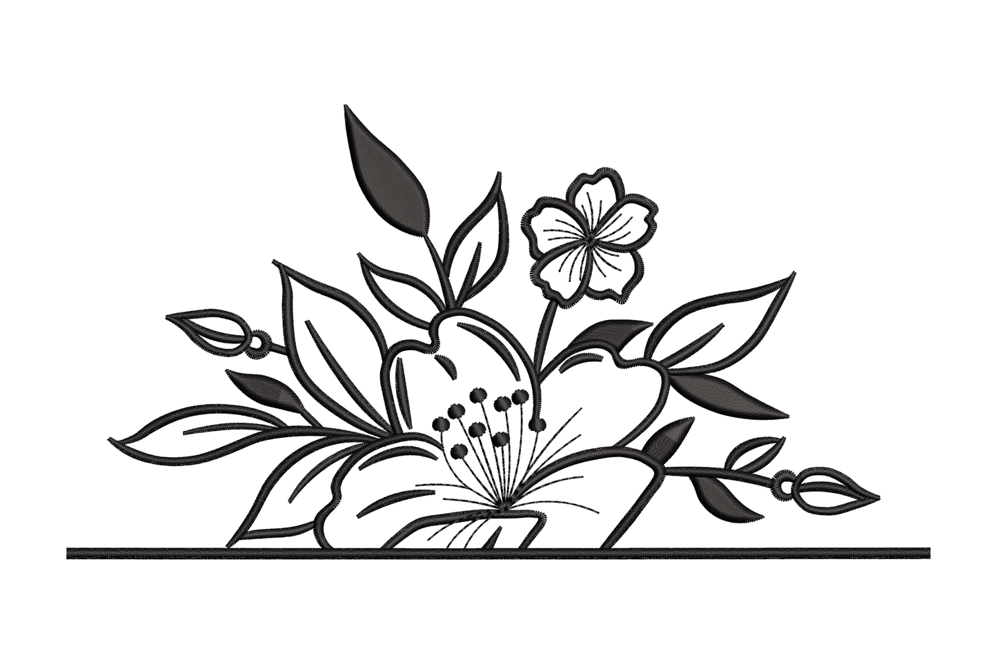 Floral outline border embroidery with open-outline lily and five-petal flowers on a baseline bar, light airy style, 4 to 8 inch wide, single colour.