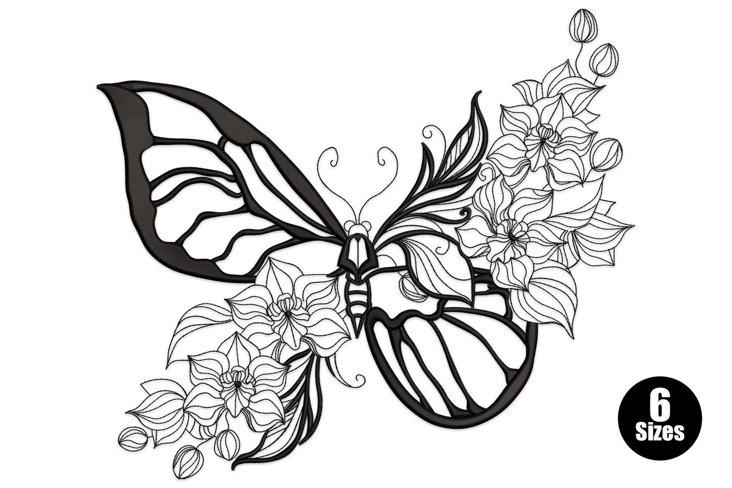 Floral outline butterfly with heavy filled black left wing and right wing dissolving into cosmos and hibiscus line art.