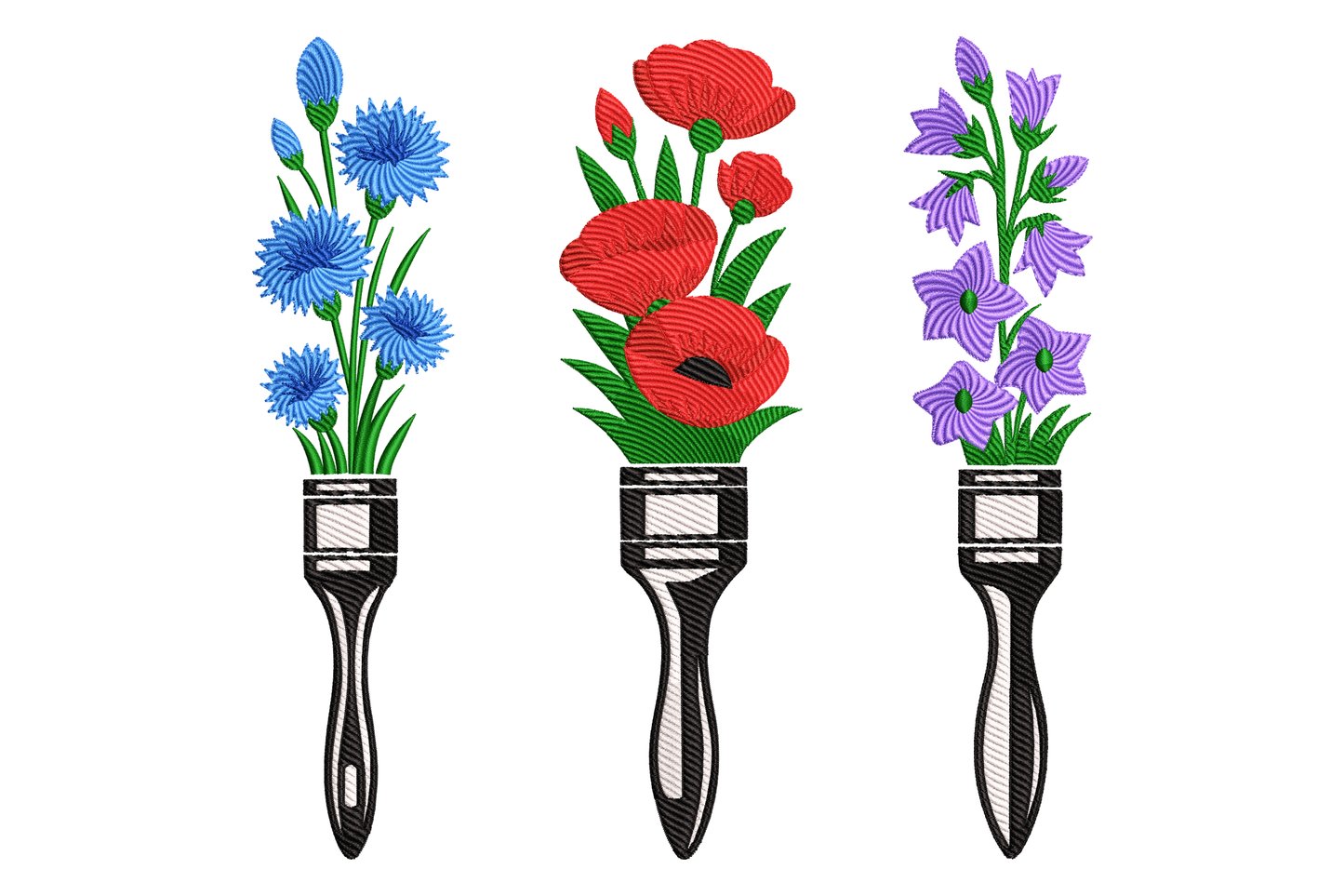 Three paintbrushes with floral designs on a white background