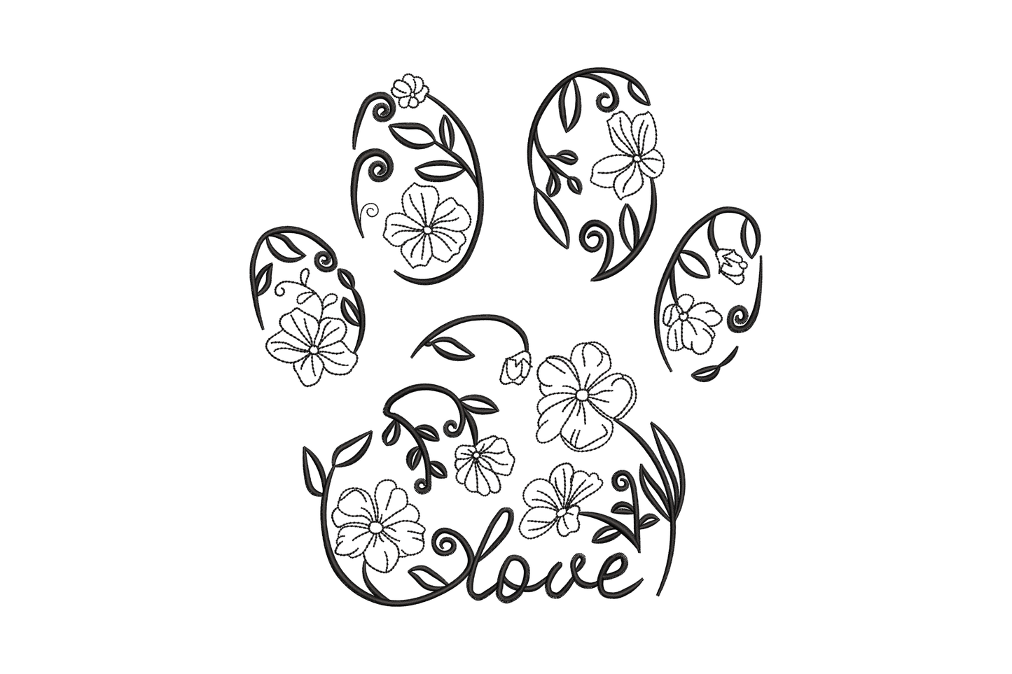 Floral paw print LOVE embroidery design with vine scroll flowers inside toe pads and cursive love script below, single black colour, 5 to 8 inch.