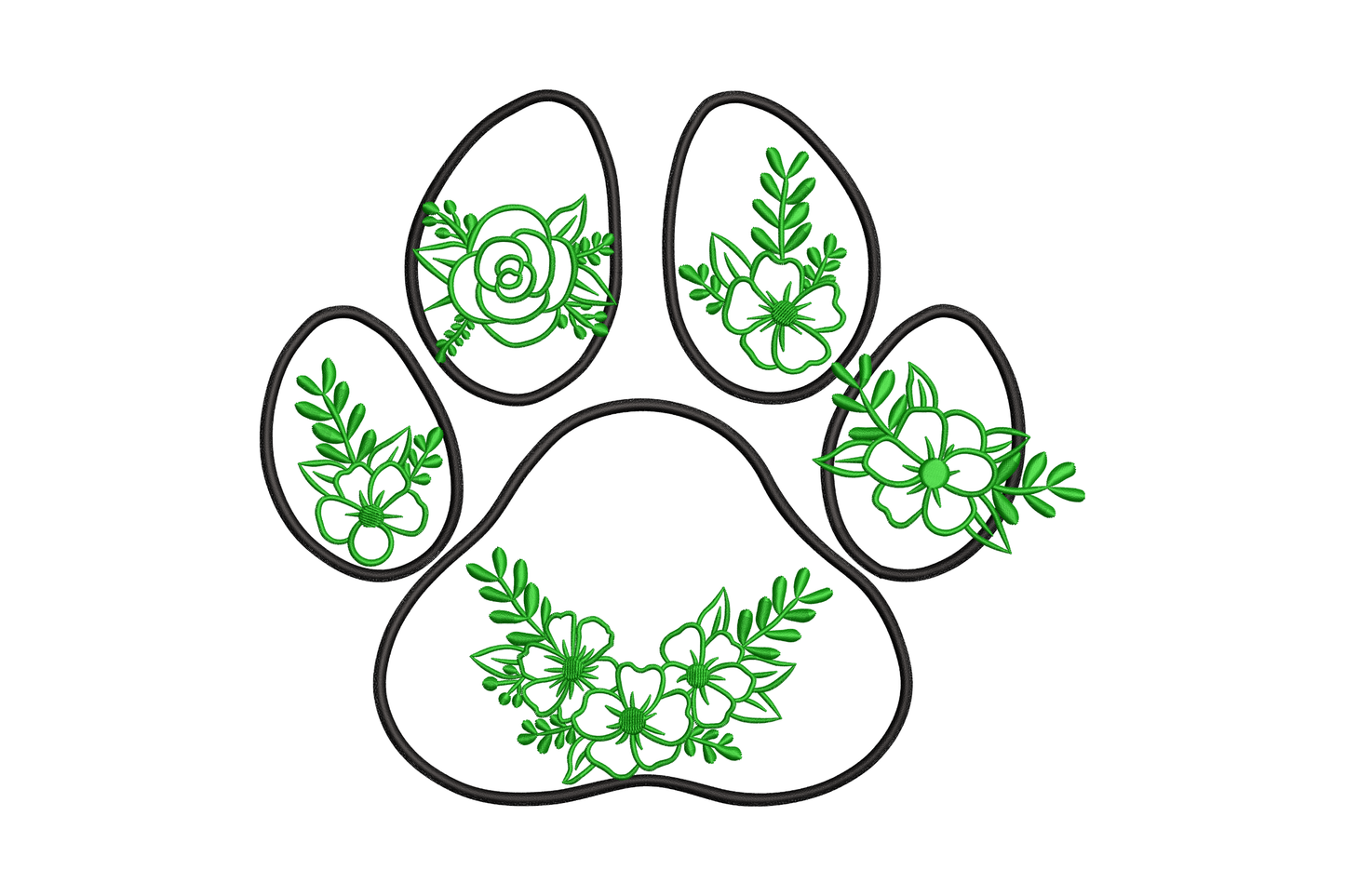 Floral paw print outline embroidery design with individual green flower clusters inside each toe pad and main pad on a bold black paw, 7 to 10 inch.