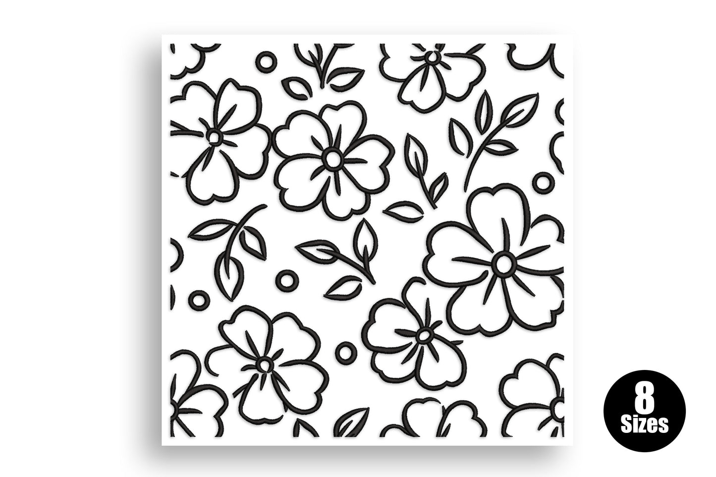 Floral quilting block embroidery in black outline, four-quadrant tile with open flowers, buds and leaf sprigs.