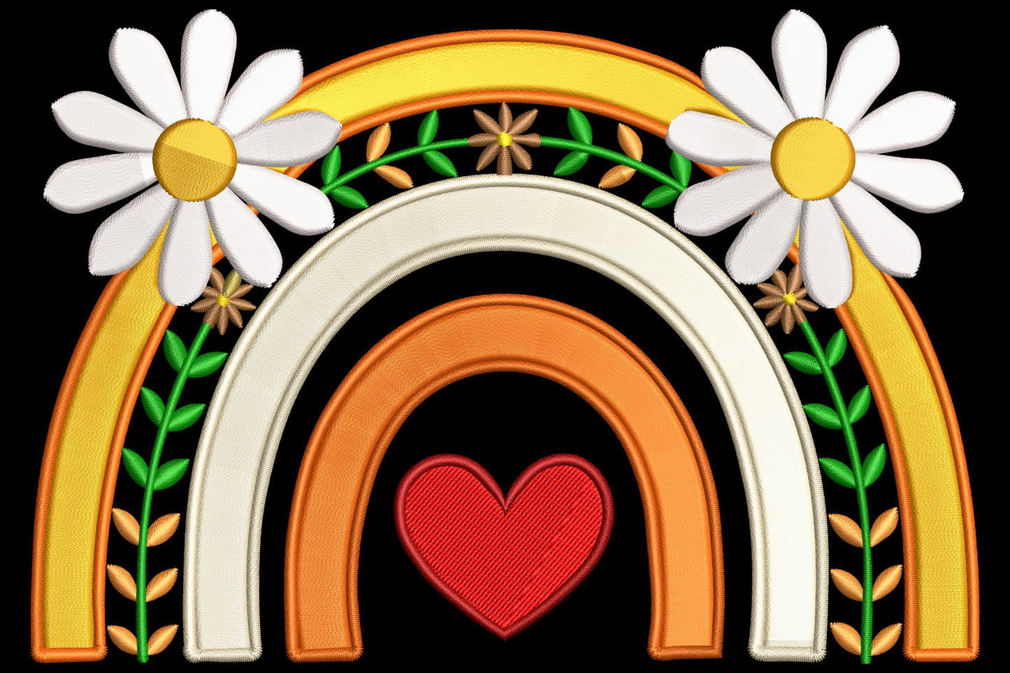 Floral rainbow embroidery design with yellow gold, cream and orange arches, two white daisies and a small red heart below.