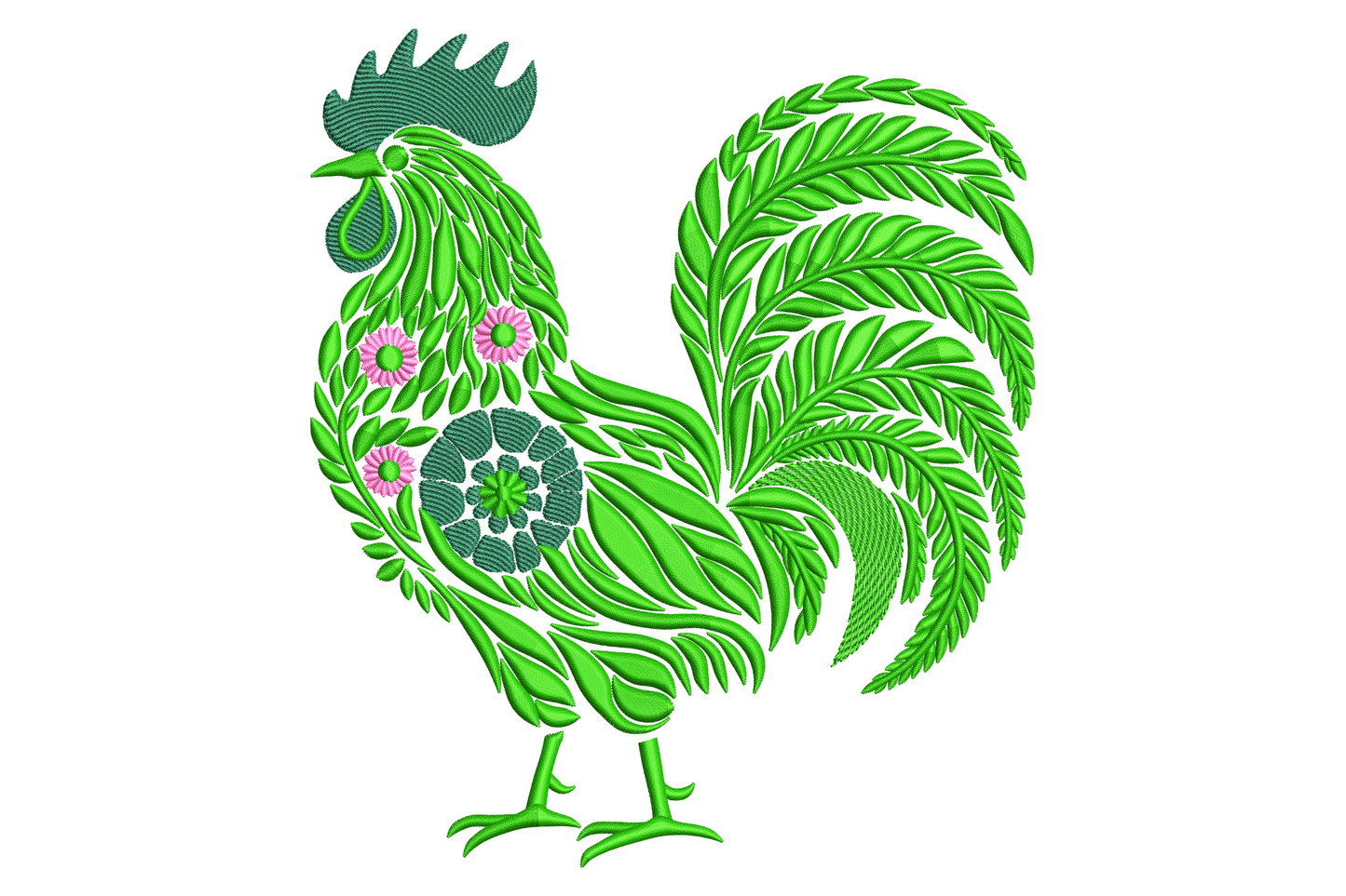 Folk art floral rooster embroidery design with lime green leaf and fern motifs filling the bird body and pink daisy flowers at breast, 9 sizes.