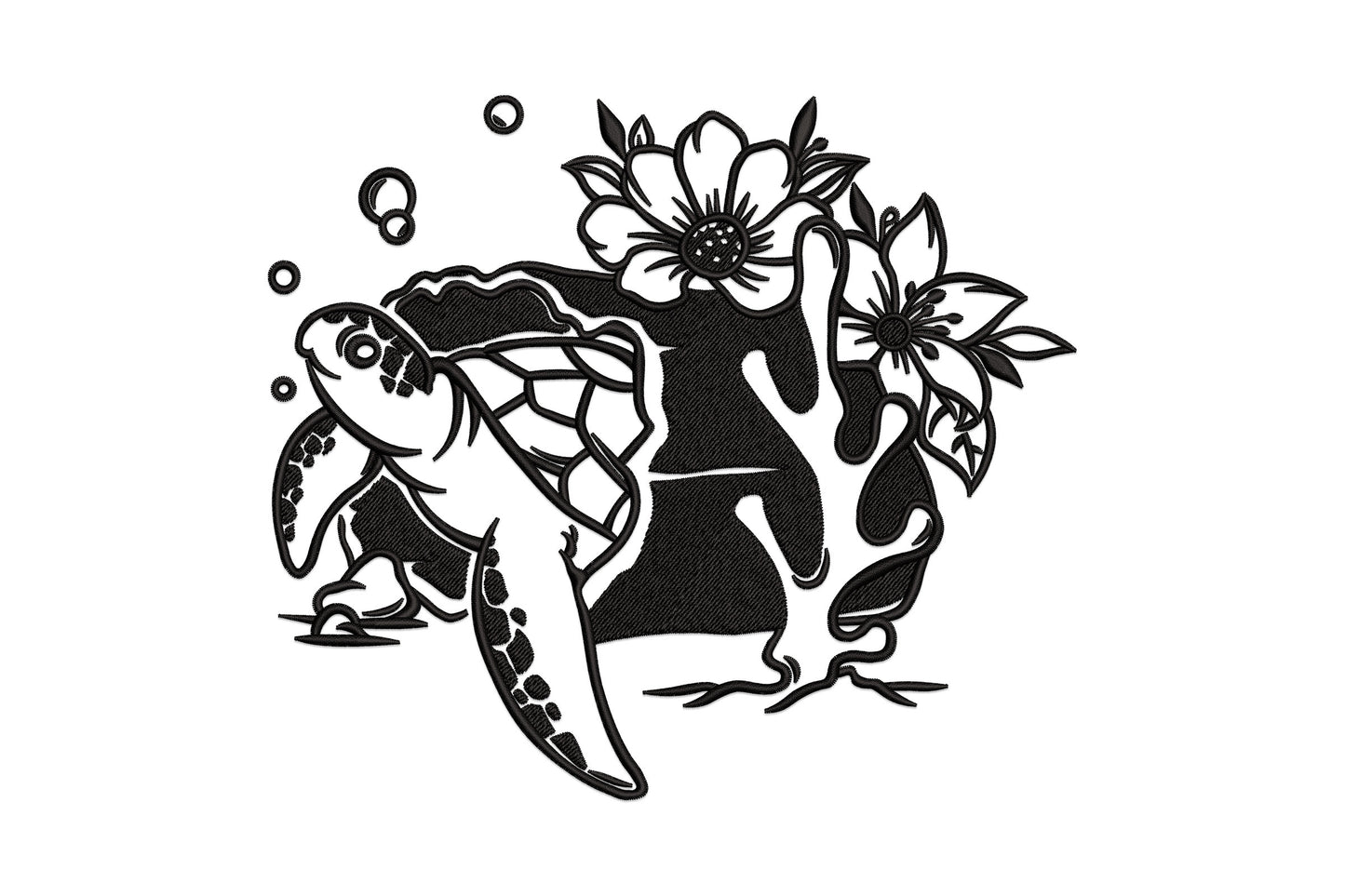 Floral sea turtle embroidery design with dense black satin body, open anemone flowers, bubble rings and seagrass, single colour high-contrast silhouette style.