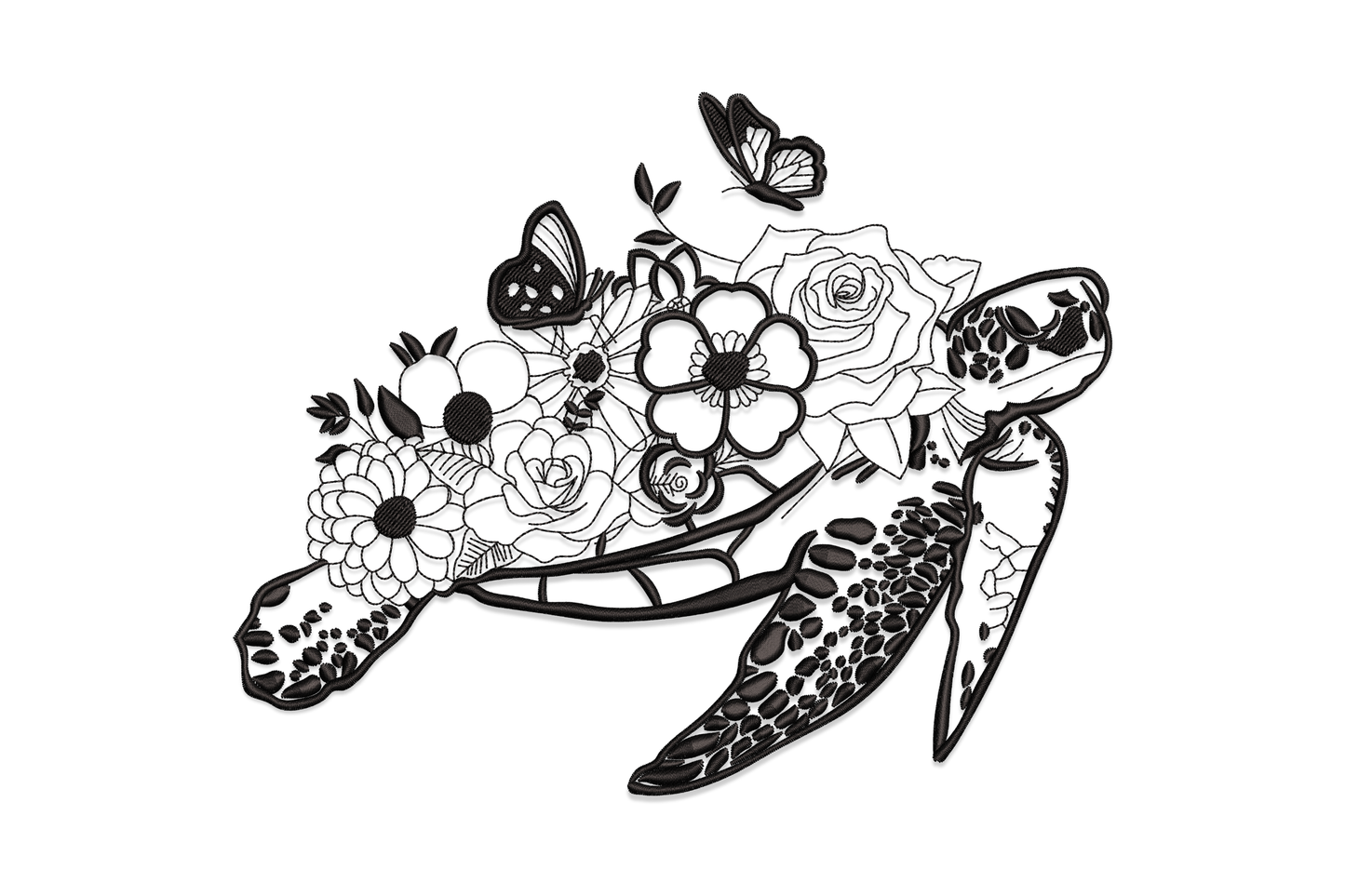 Floral sea turtle embroidery design in black line art, turtle body formed from roses, daisies and anemone blooms, two butterflies nearby.