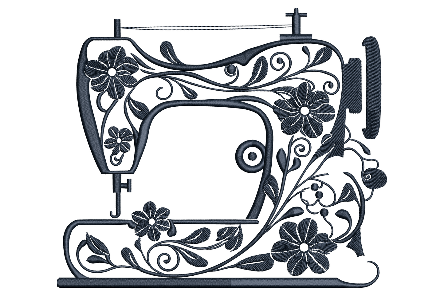 Floral sewing machine embroidery, vintage navy silhouette with daisies and curling vines woven through the body