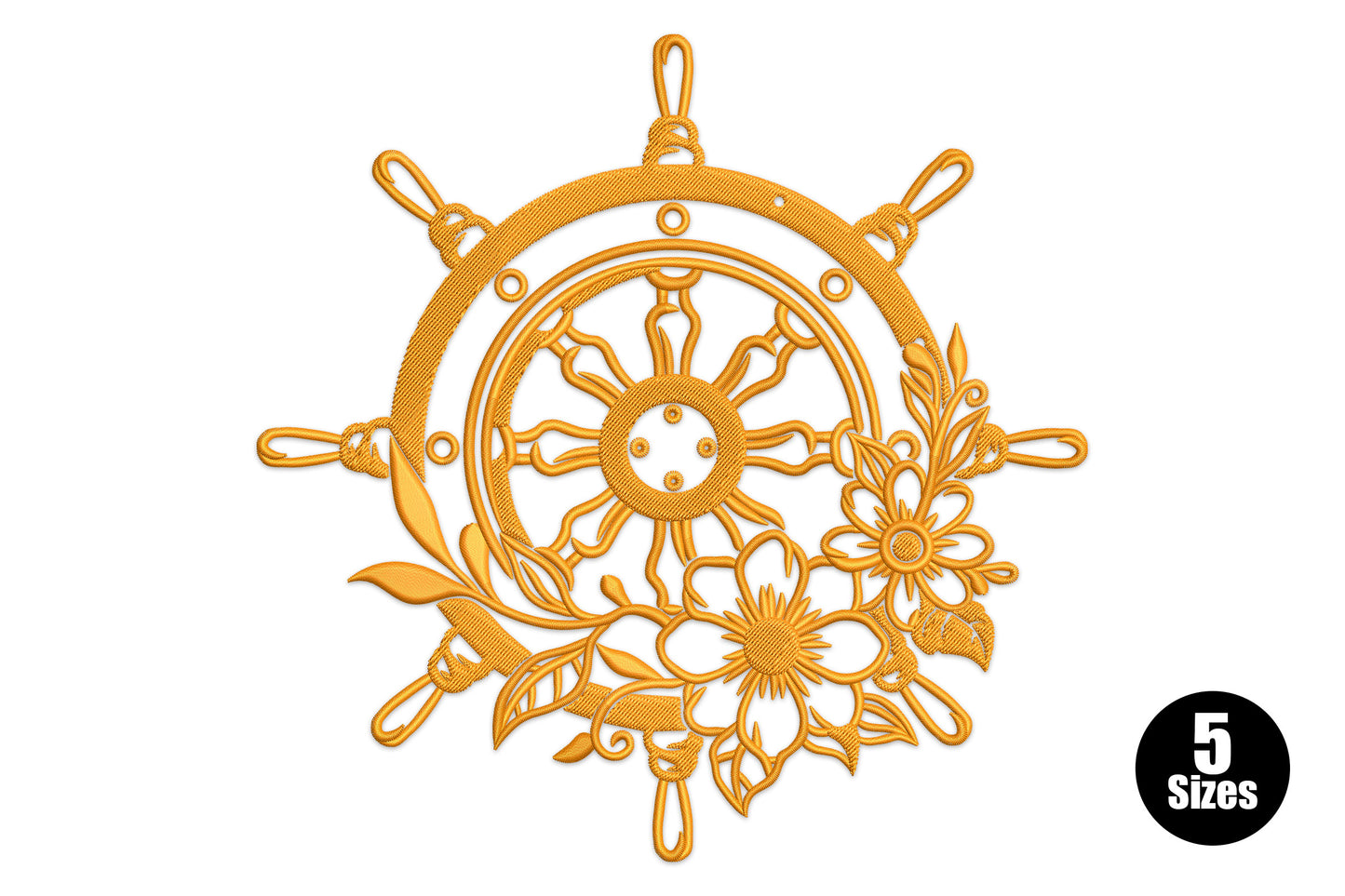 Floral ship wheel embroidery design, nautical helm wheel overlapping daisy flower cluster in warm orange thread