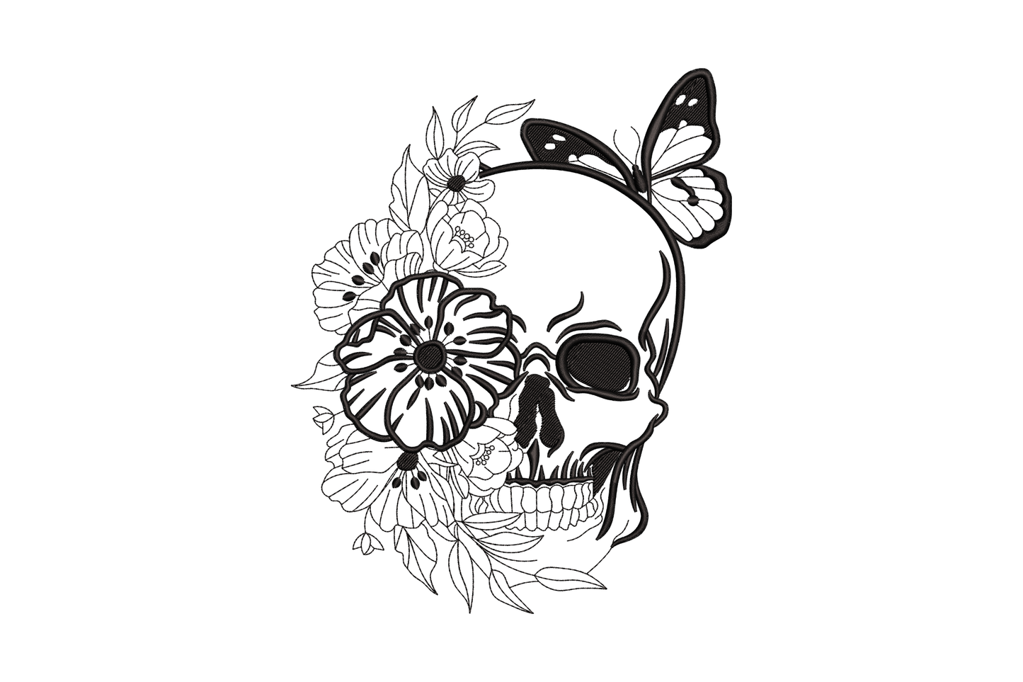 Floral skull with butterfly embroidery design, black monarch butterfly on skull forehead with peony flowers, machine embroidery pattern for bandanas and linen.