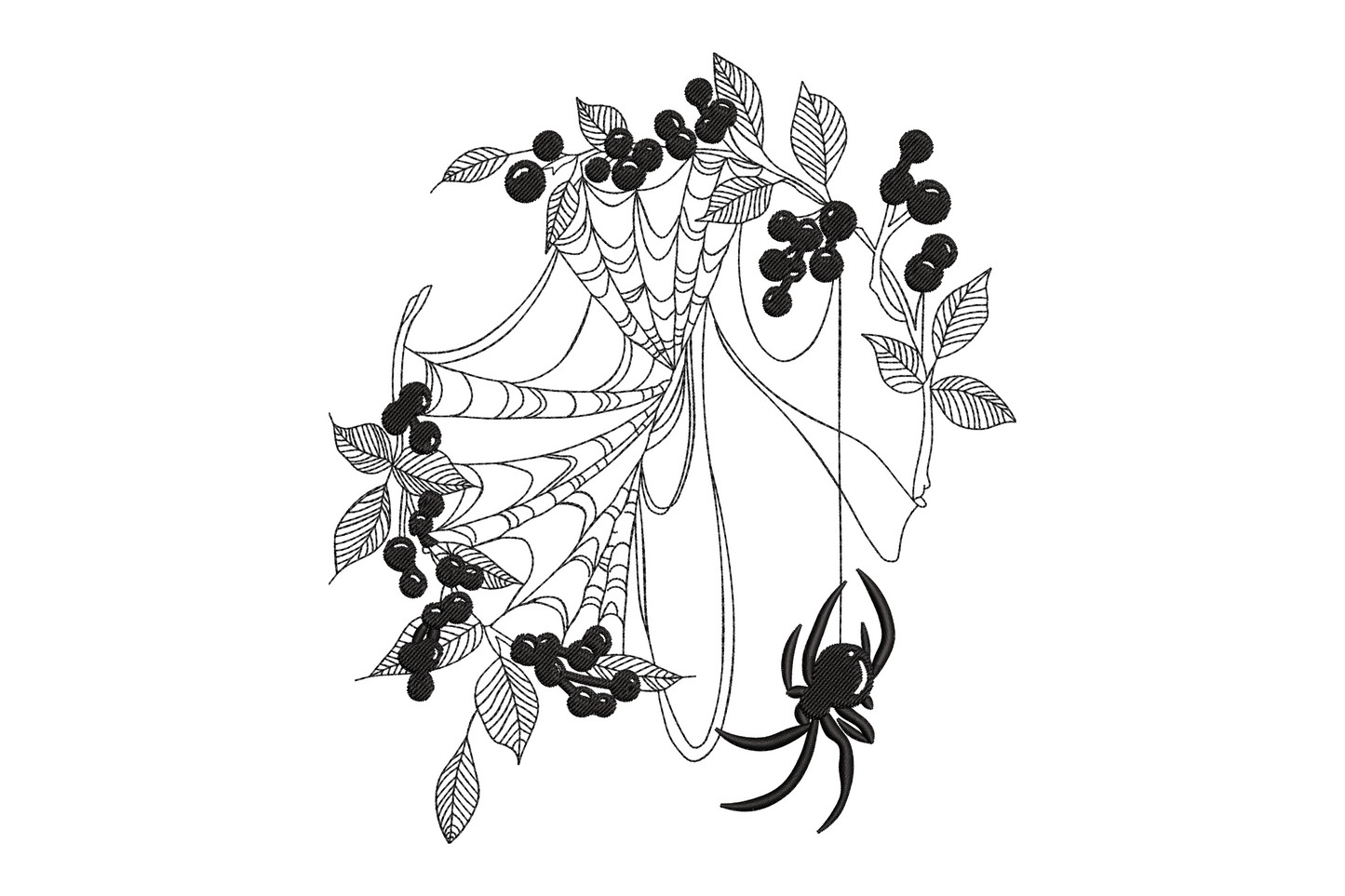 Botanical spider web embroidery design with berry branches and hanging spider, single black thread line art with draped web folds and leaf shading