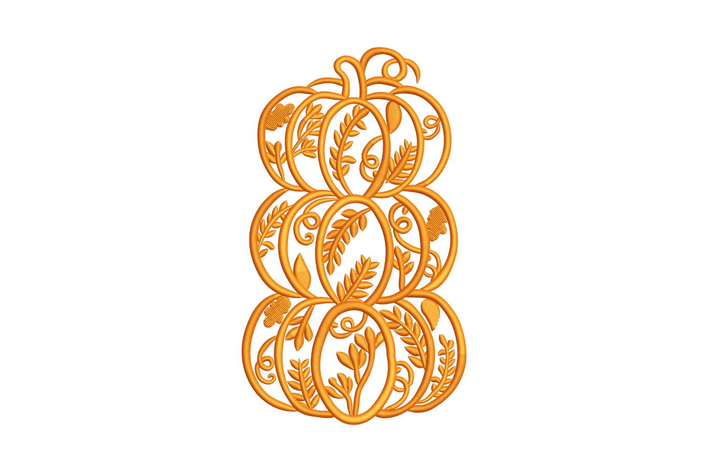Floral stacked pumpkin embroidery design, three pumpkins in tower with flower sprigs in monochrome thread on sage linen apron