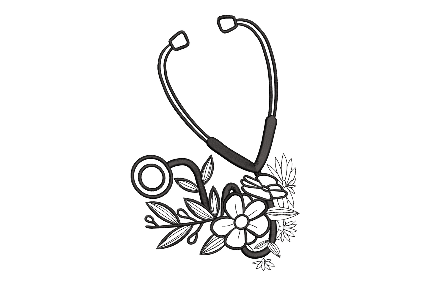 Floral stethoscope embroidery design, tubing arc with botanical flower cluster at base, 5 sizes 3.51 to 7.51 inches, single black thread, nurse gift
