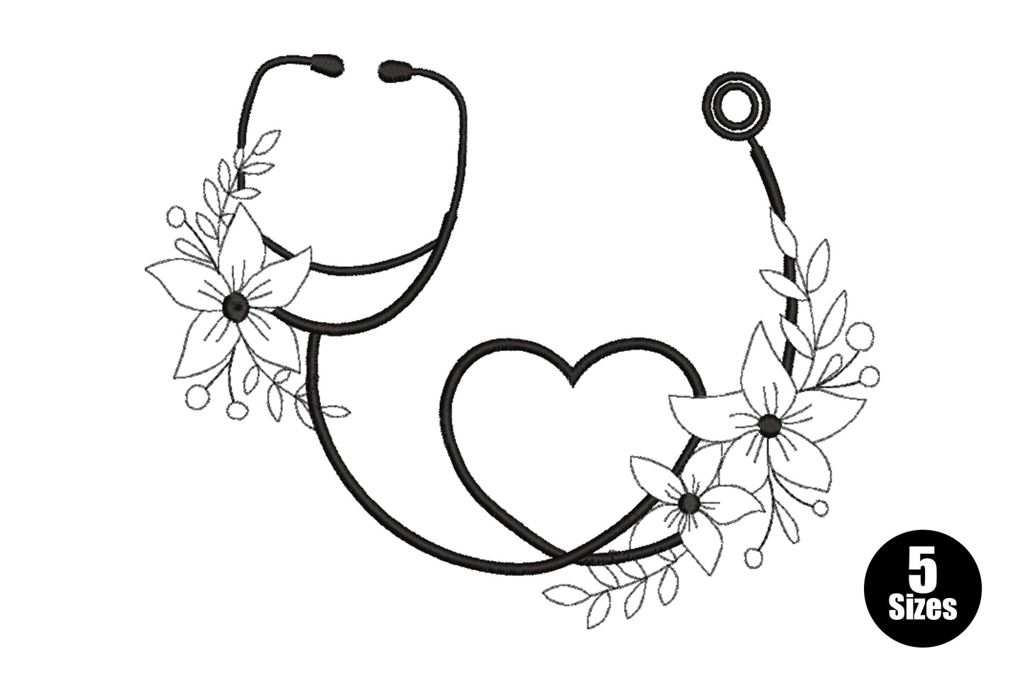 Floral stethoscope heart embroidery design, black outline stethoscope tube curling into a heart with daisy flowers and leaf sprigs on each side.