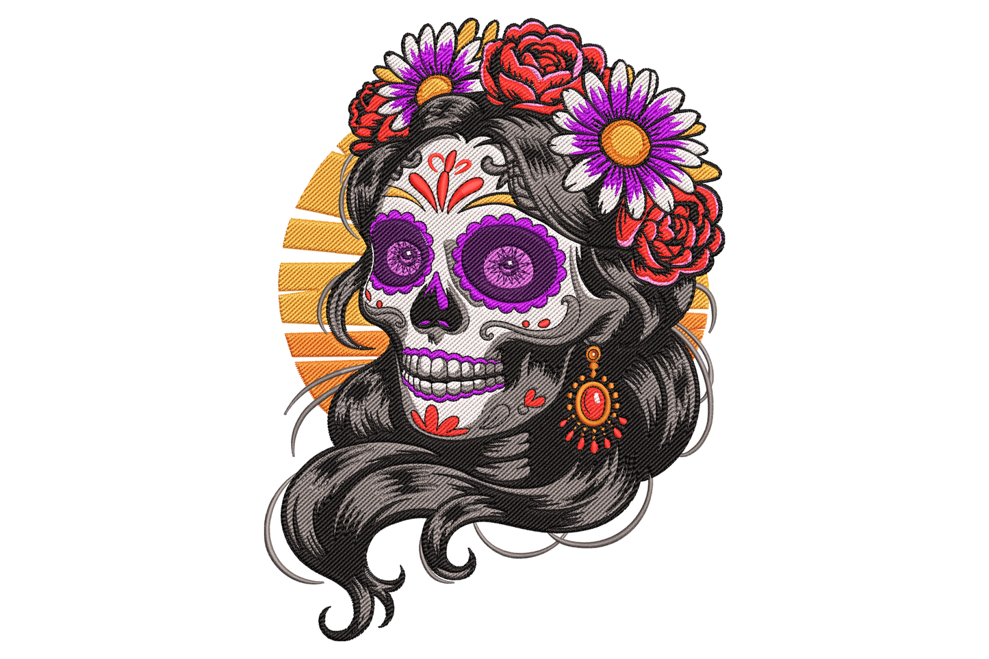 Floral sugar skull lady embroidery design with red rose flower crown purple daisy eye sockets long black hair and orange sun halo dia de los muertos style
