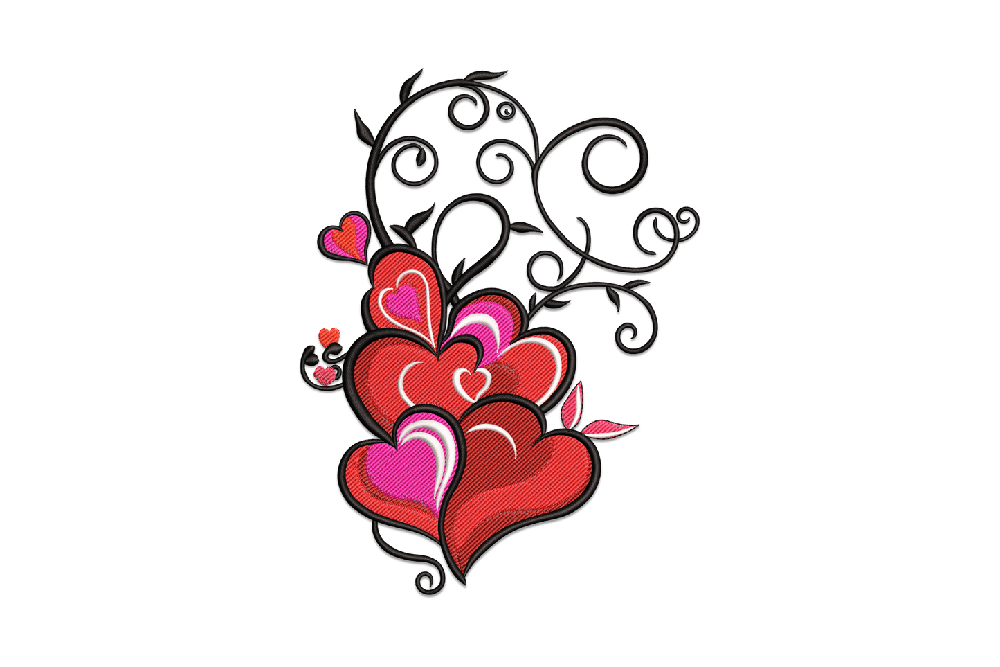 Two swirling intertwined hearts with floral petal and leaf detail, 8 colours including rose and sage, ornate romantic embroidery for wedding and anniversary items