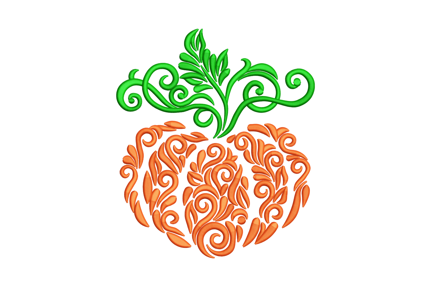 Floral swirl pumpkin embroidery design, orange scrollwork-filled pumpkin body with dark green looping tendrils stem, 5 sizes 3-7 inches, 2 colours, Wilcom EmbroideryStudio.