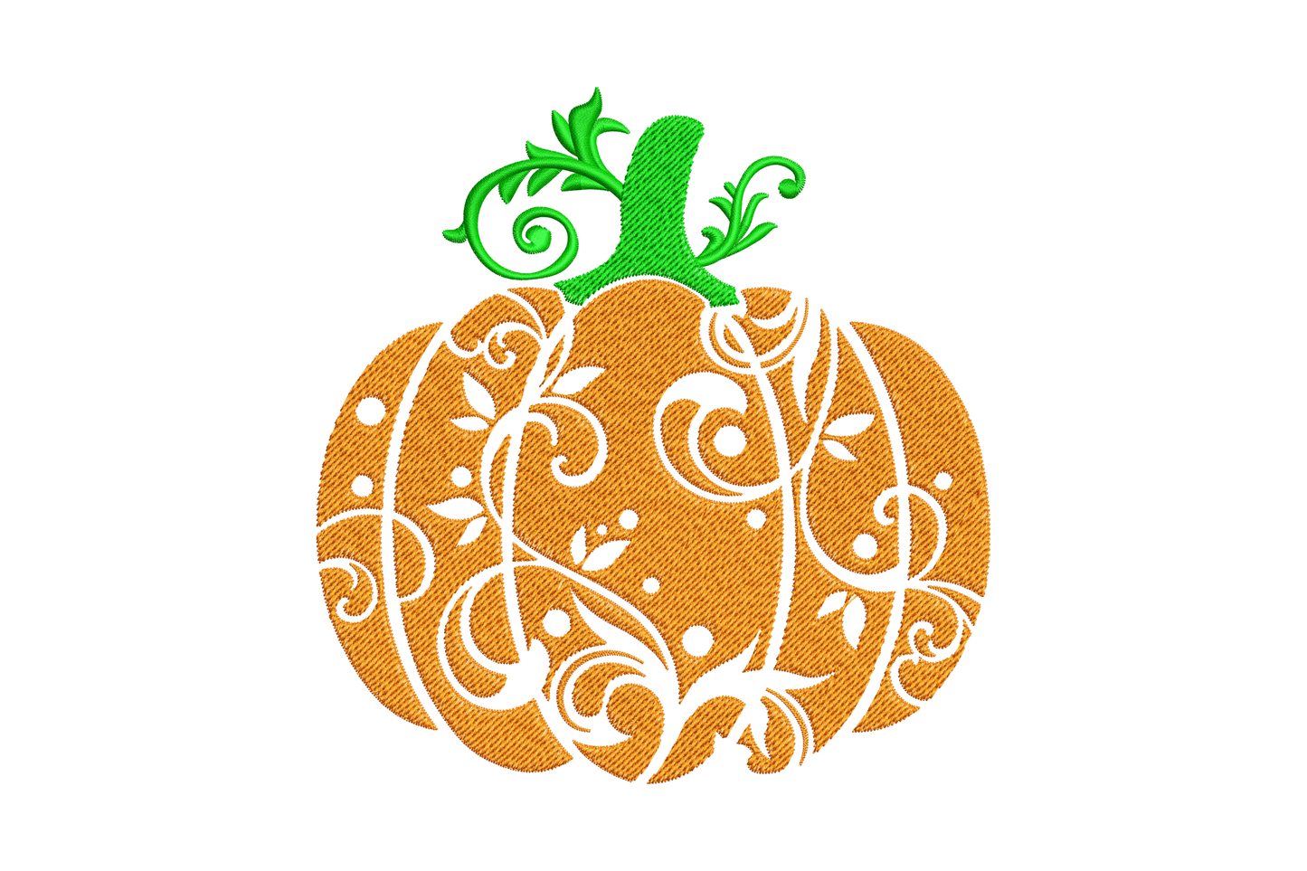 Machine embroidery design of a pumpkin shape filled with swirling botanical floral elements in orange and deep green autumn colours