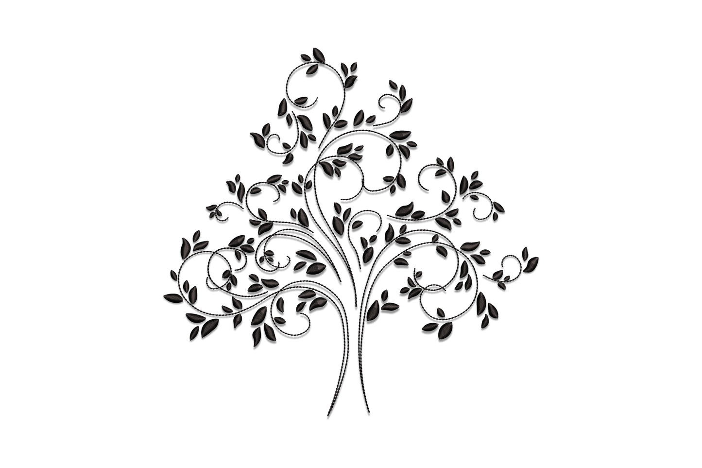 Floral swirl tree embroidery design in black, slim trunk with wide arabesque scroll branches and small oval leaf clusters, open airy composition.