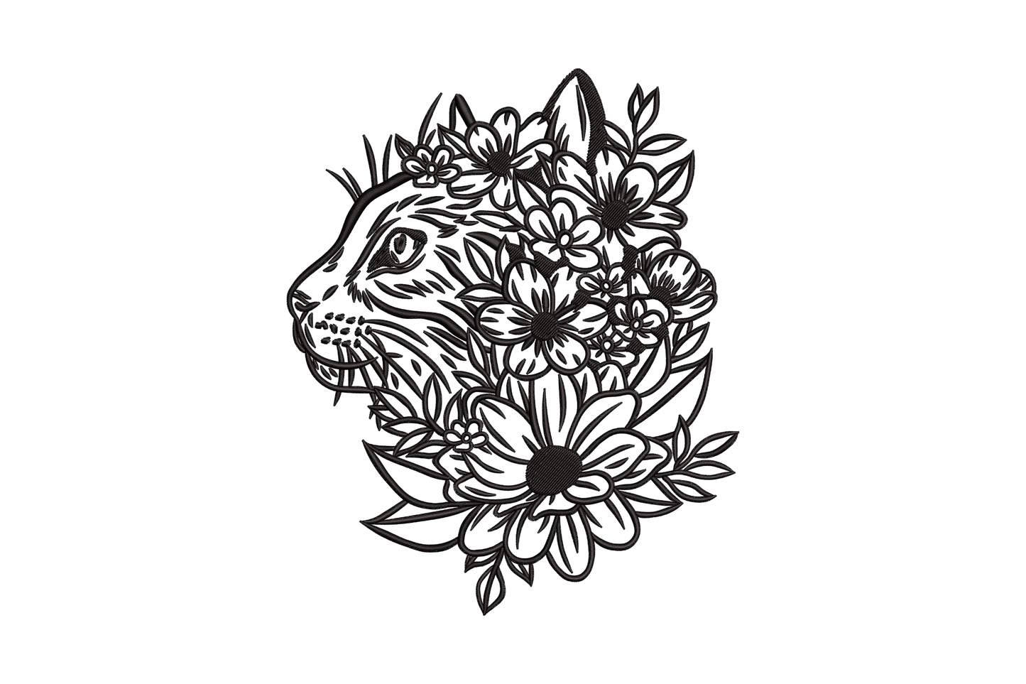 Floral tiger embroidery design, blackwork tiger head in three-quarter view with dahlia crown and botanical wreath framing, white on black.