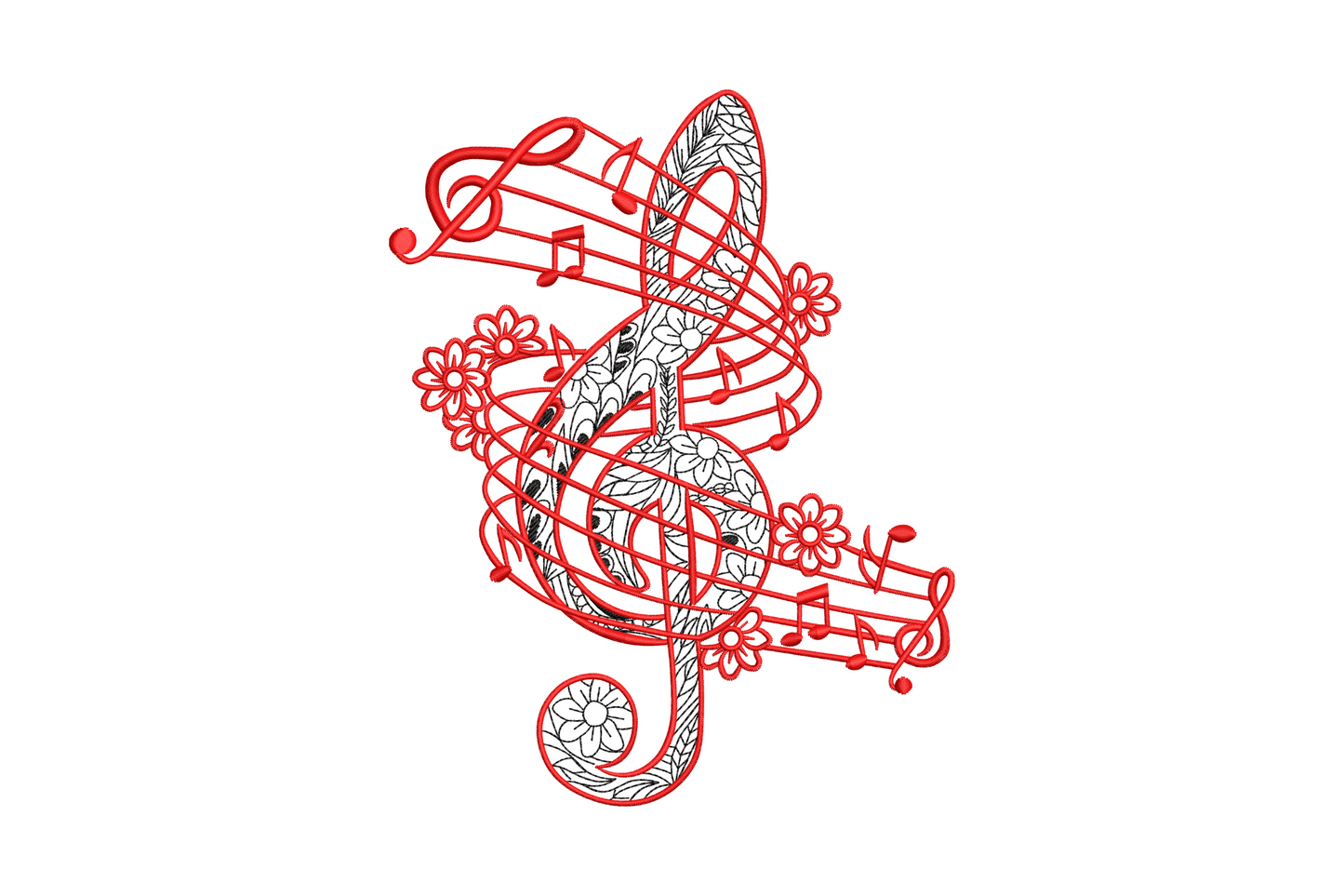 Floral treble clef embroidery, red clef outline with black daisy fill, musical notes, 3 color music design