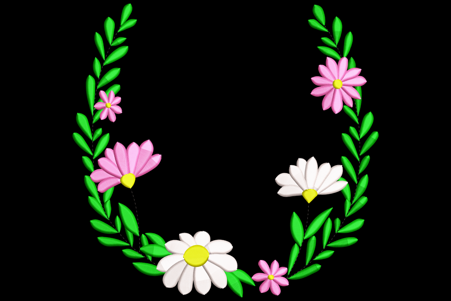 Floral U-shaped wreath embroidery design with arching green leafy vines, pink daisies and white daisies with yellow centres.