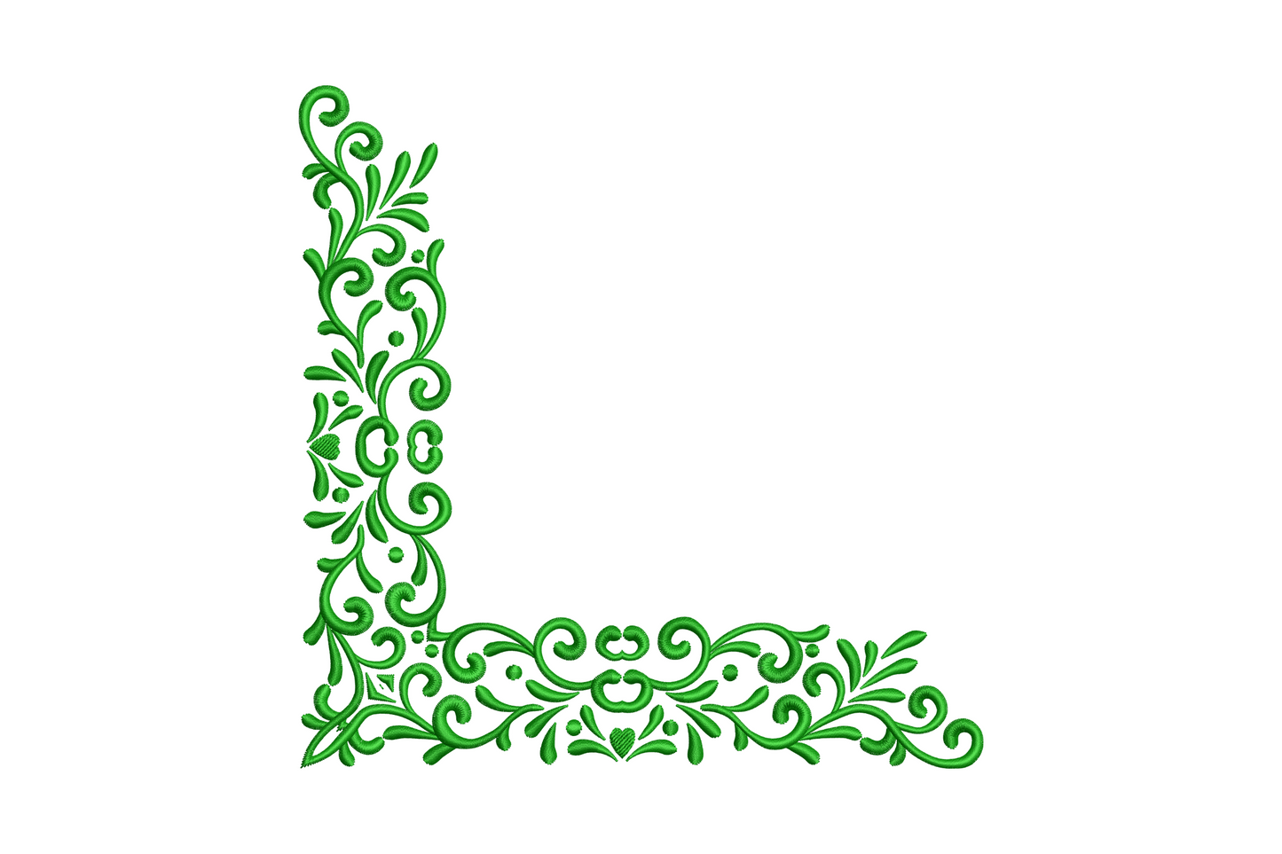Dark green floral vine corner embroidery design with scrolling tendrils, satin-stitch leaves and berry clusters in an L-shape